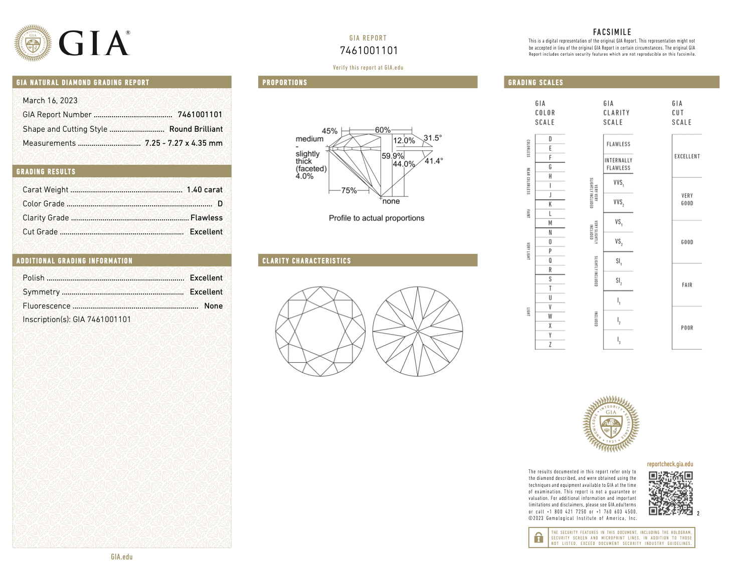 GIA certified FL clarity natural 1,40ct round brilliant cut loose diamond of D color