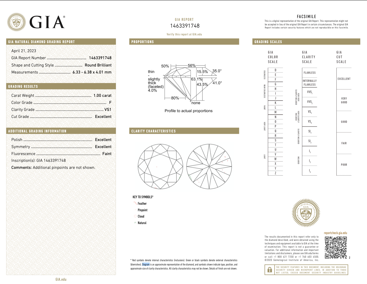 GIA certified VS1 clarity natural 1,00ct round brilliant cut loose diamond of F color