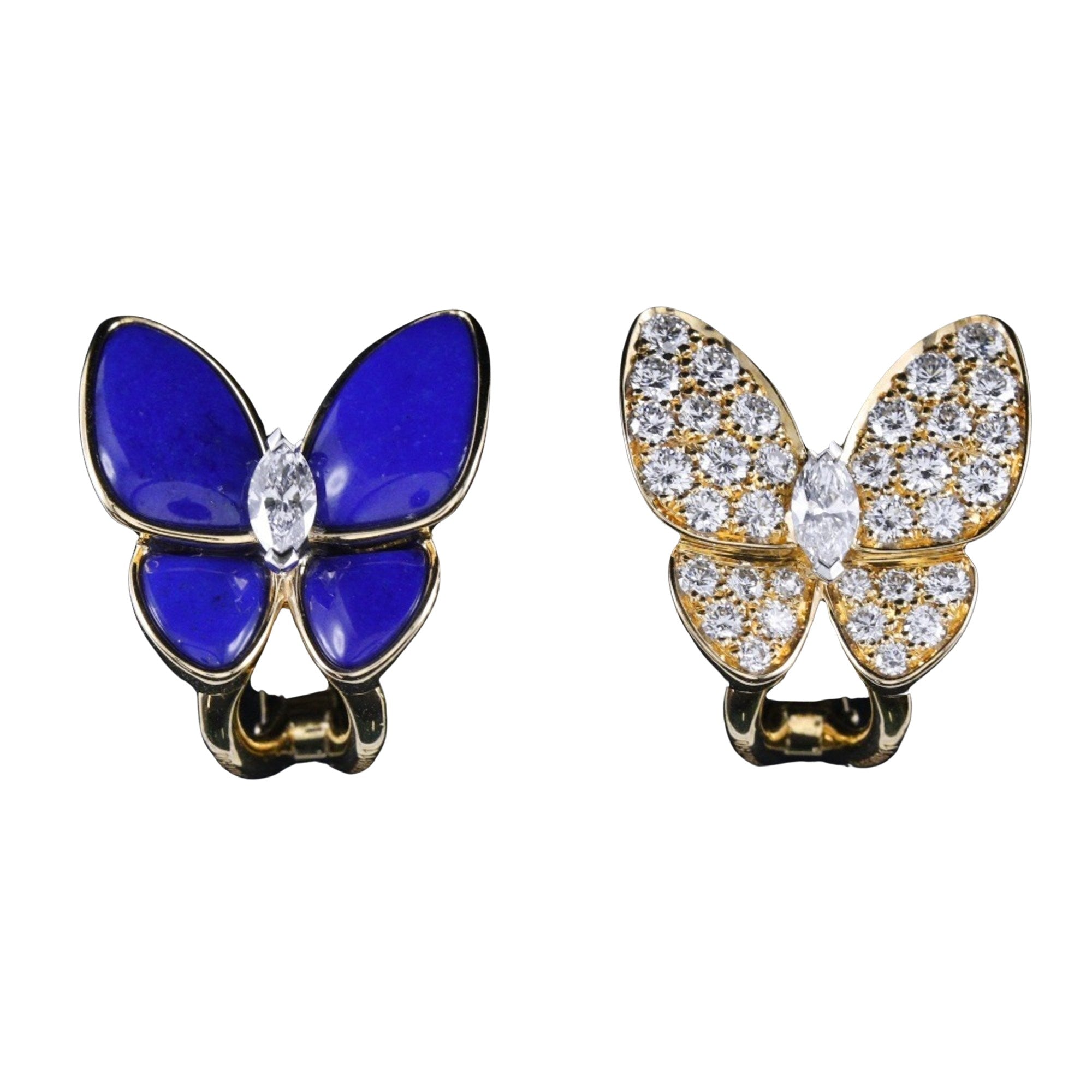 Pre-owned 18K yellow gold Van Cleef & Arpels Two Butterfly earrings with diamonds, and Lapis Lazuli.