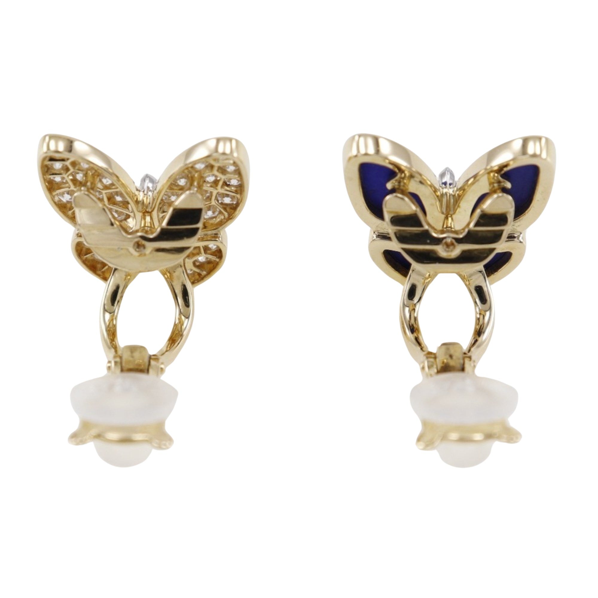 Pre-owned 18K yellow gold Van Cleef & Arpels Two Butterfly earrings with diamonds, and Lapis Lazuli.
