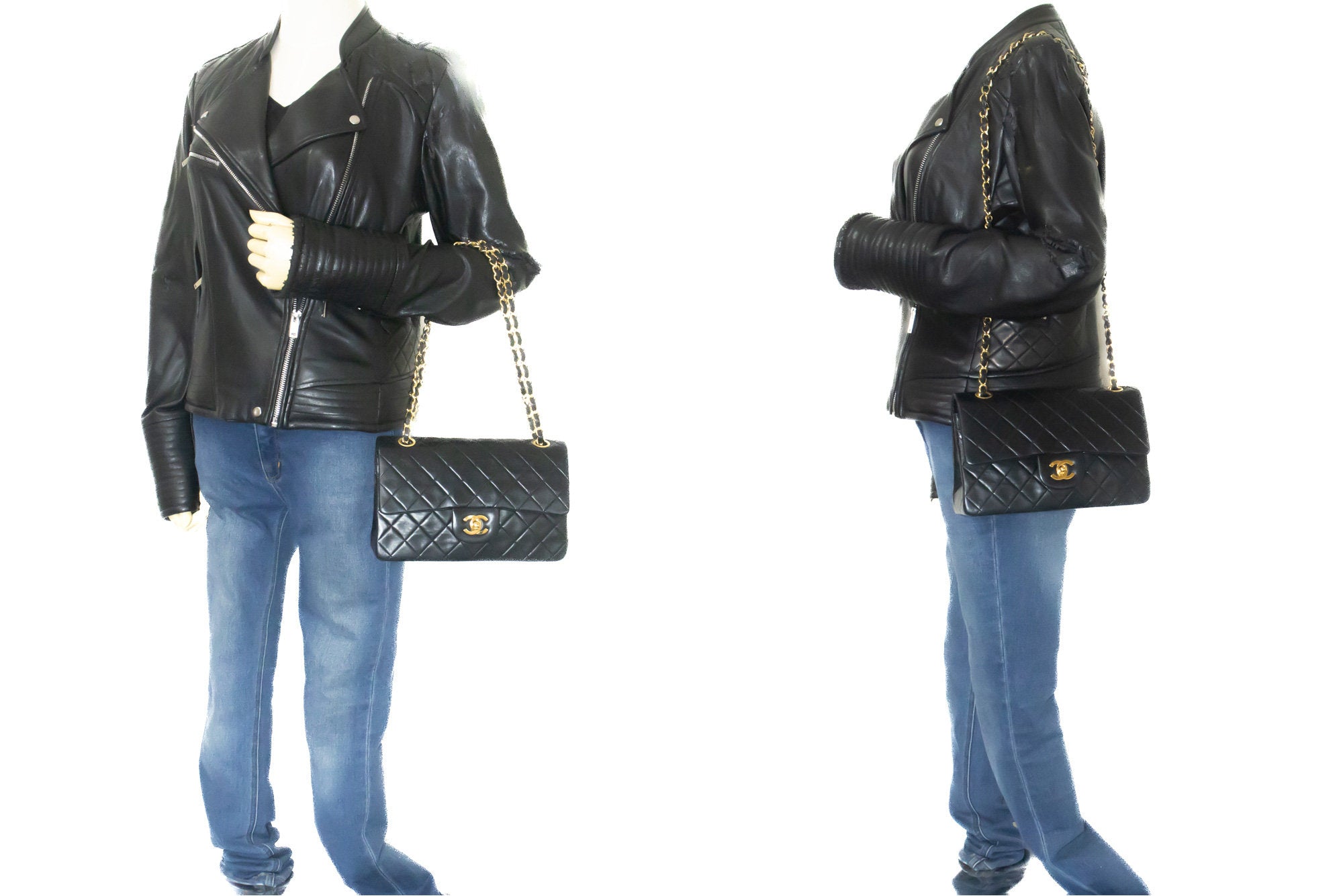 Vintage Chanel Timeless double flap handbag comes in classic black color