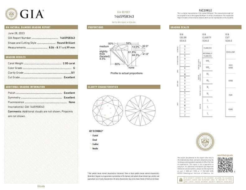 GIA-certified natural 2,00ct round brilliant cut loose diamond of G color and SI1 clarity