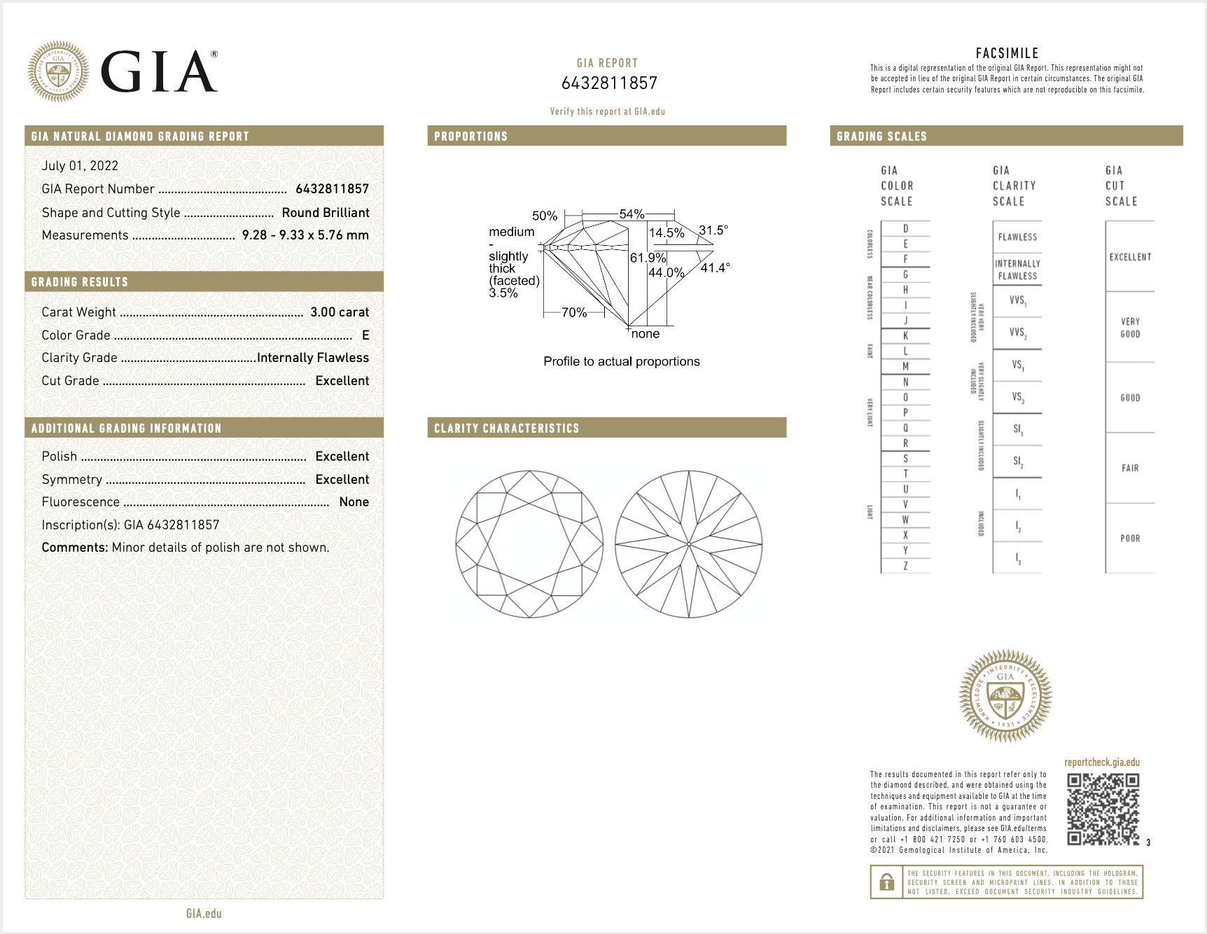 GIA certified IF clarity natural 3,00ct round brilliant cut loose diamond of E color
