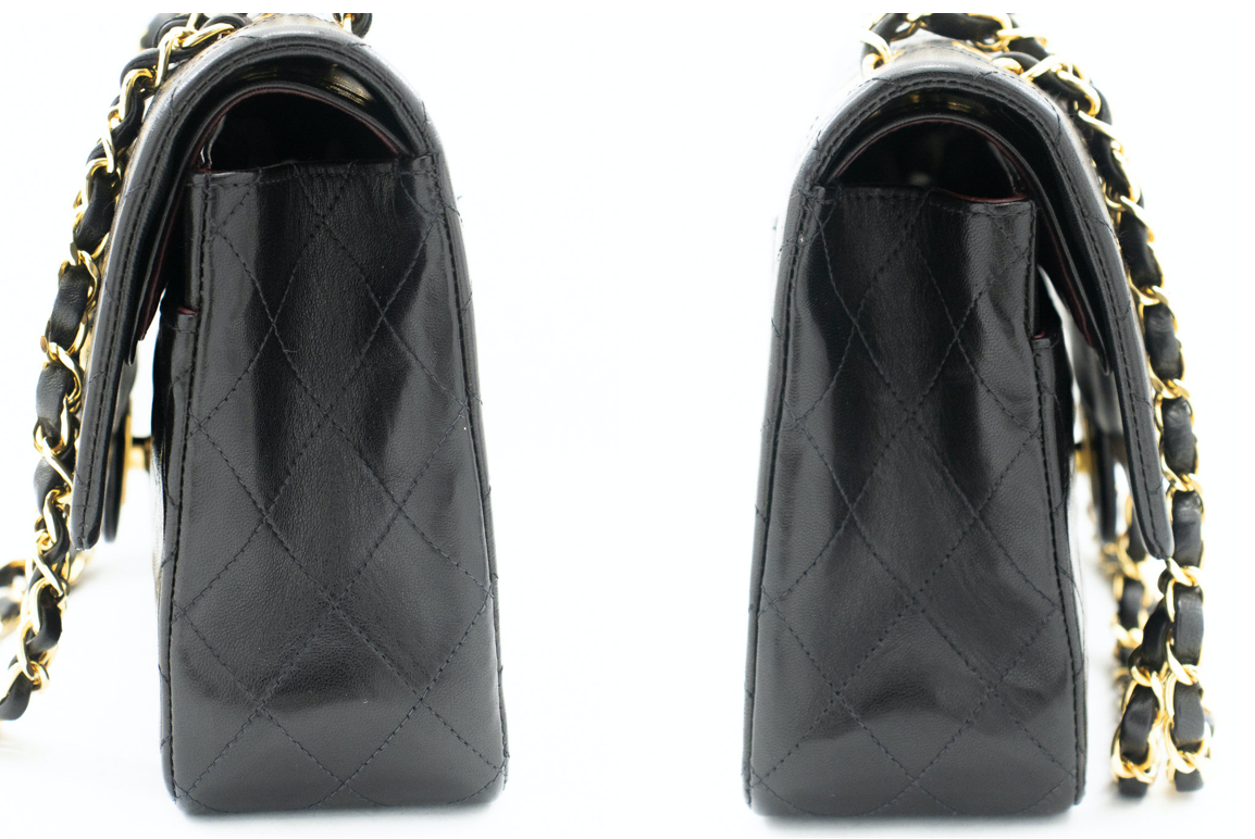 Classic Chanel handbag crafted from luxurious lambskin leather in a black hue