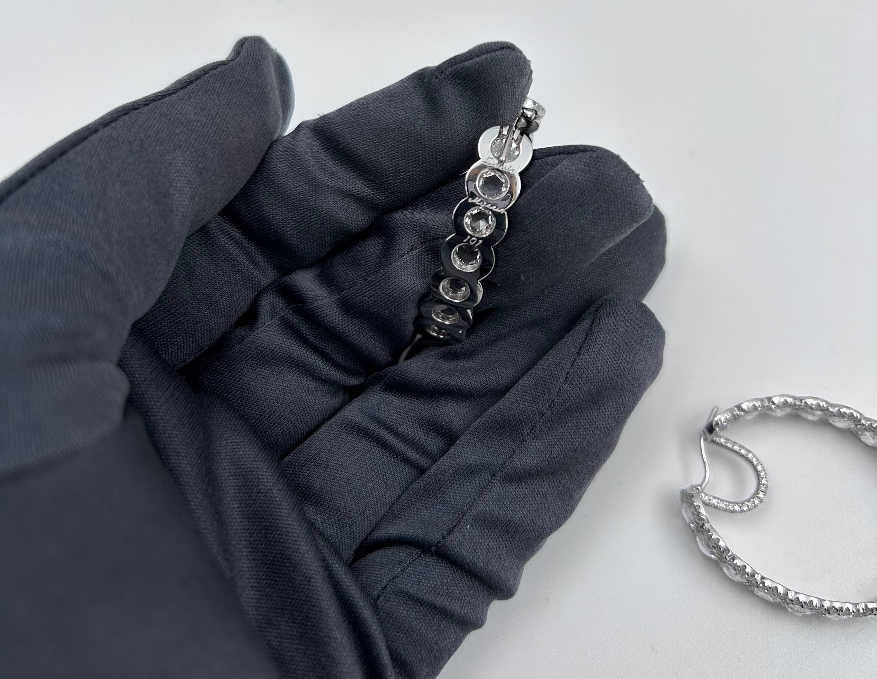 pre-owned 18k white gold David Morris 13.02 ctw rose cut diamond hoop "in-and-out" design earrings