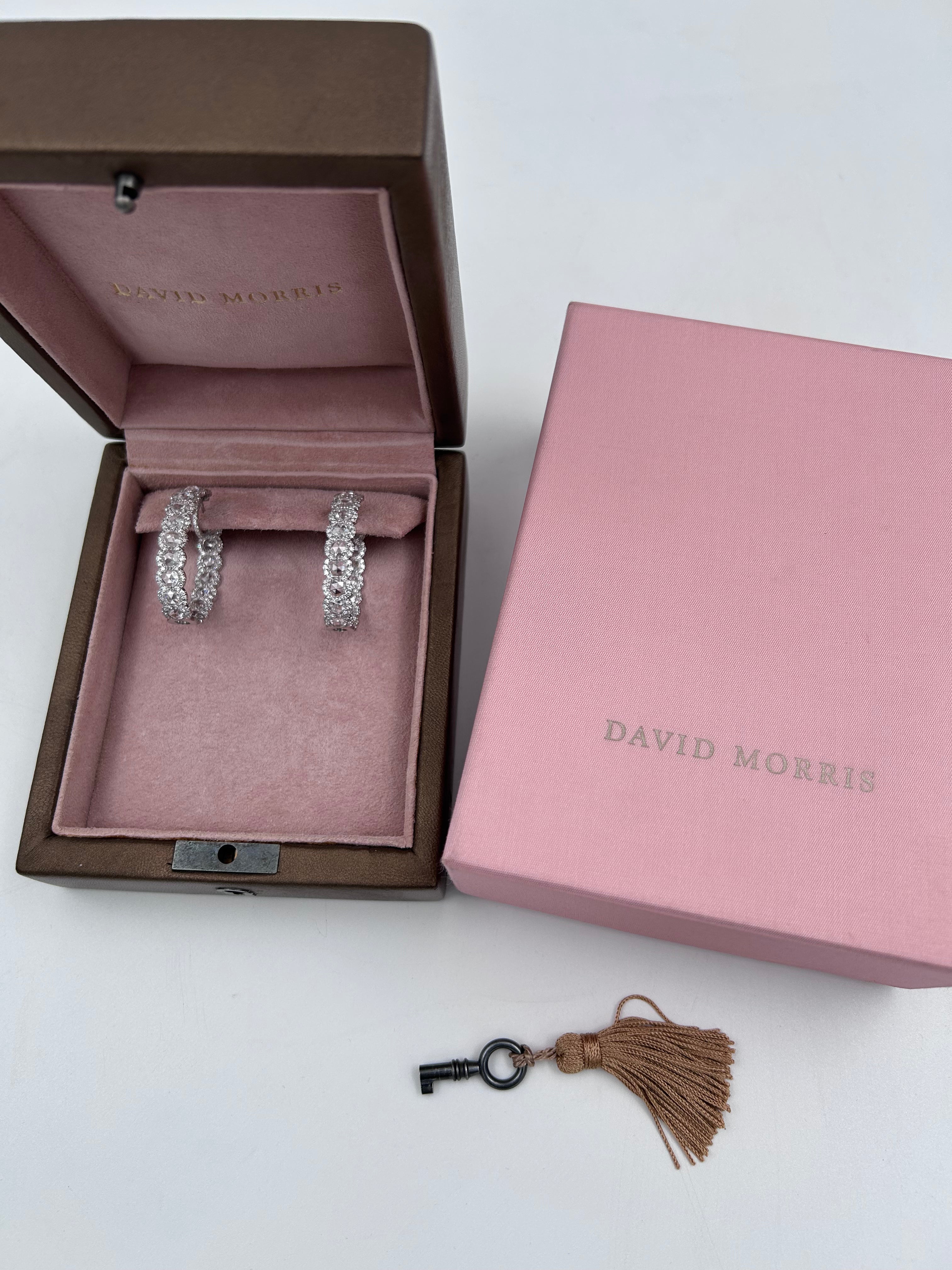 pre-owned 18k white gold David Morris 13.02 ctw rose cut diamond hoop "in-and-out" design earrings