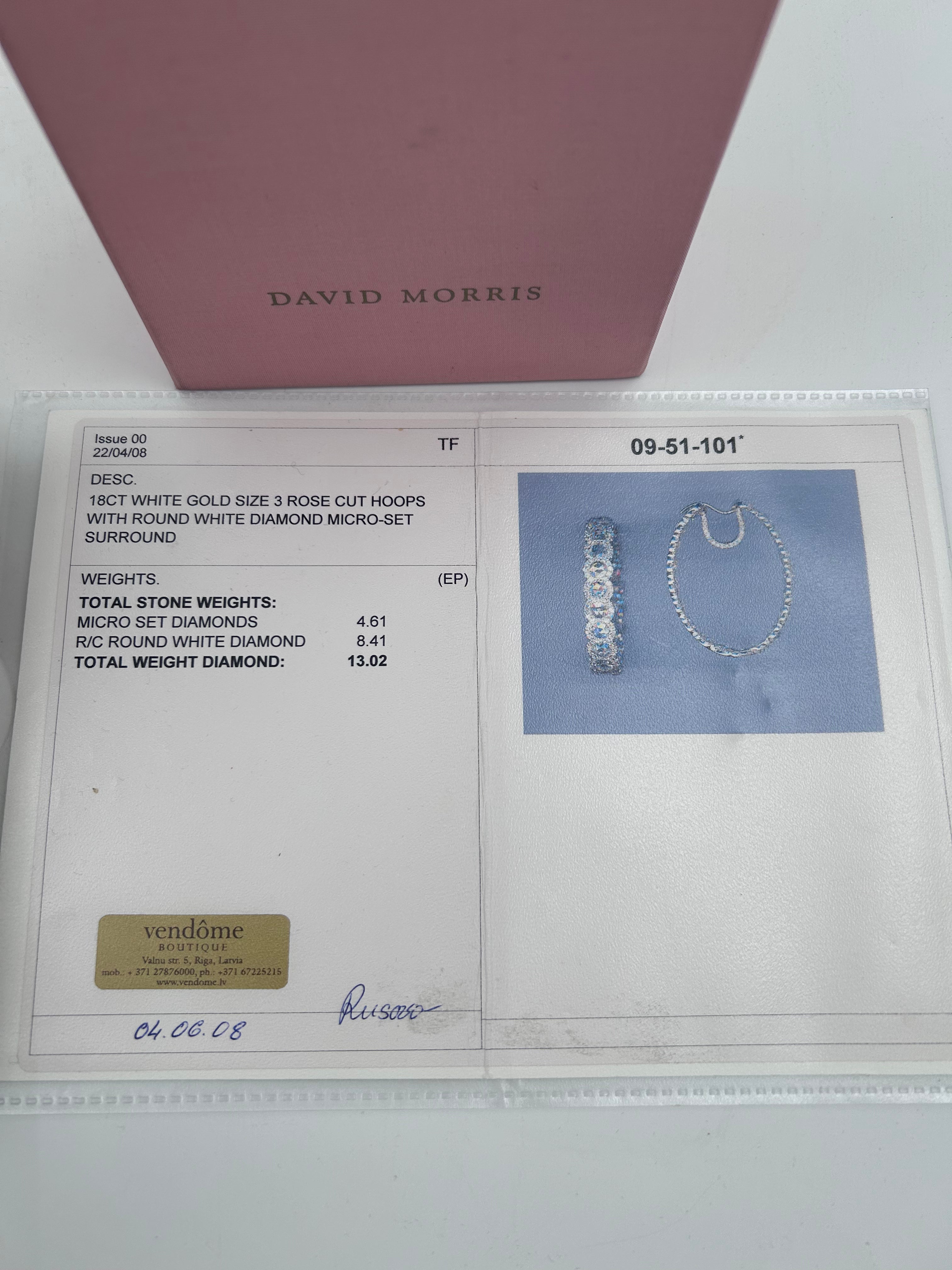 pre-owned 18k white gold David Morris 13.02 ctw rose cut diamond hoop "in-and-out" design earrings