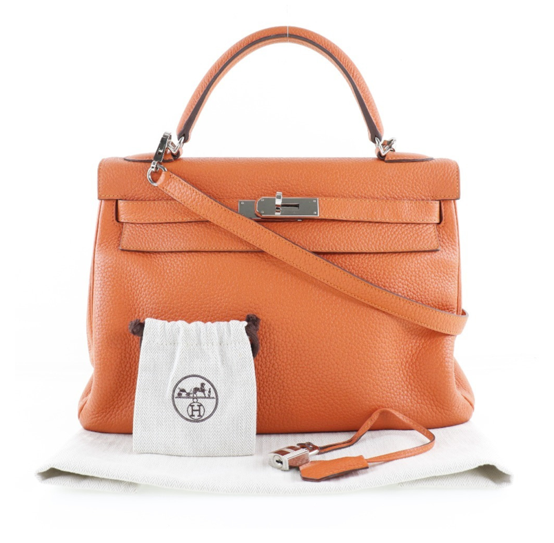 Orange Hermes Kelly 32 leather Clemence handbag comes with accessories