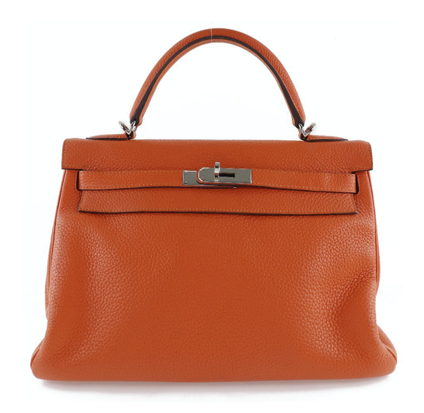 Orange Hermes Kelly 32 leather Clemence handbag comes with accessories