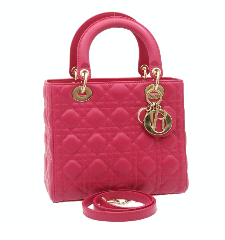 Lady Dior mini handbag in fuchsia lambskin leather with a long strap