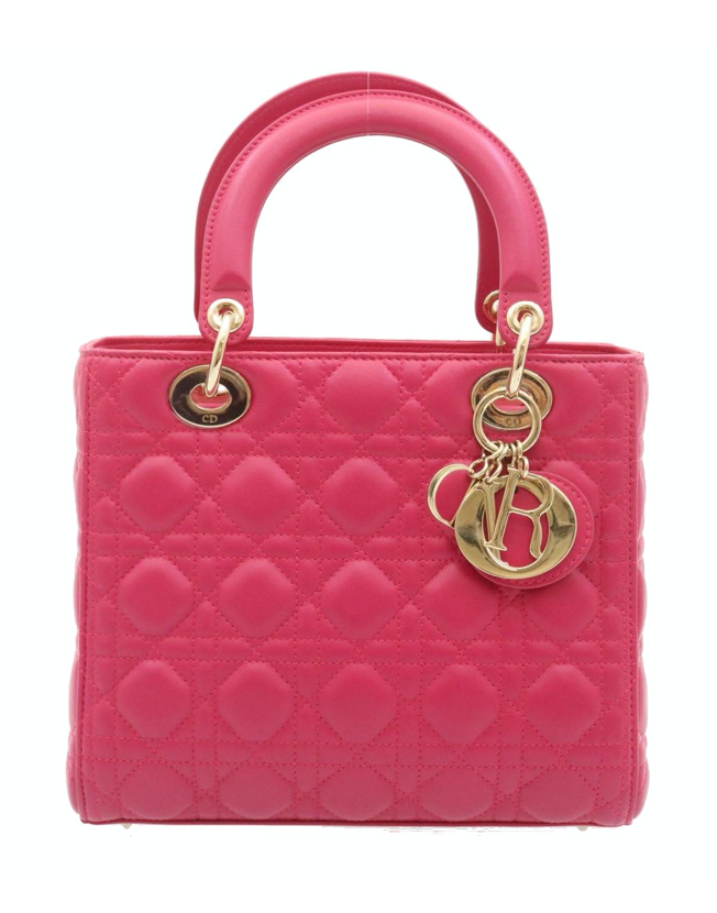 Lady Dior mini handbag in fuchsia lambskin leather with a long strap