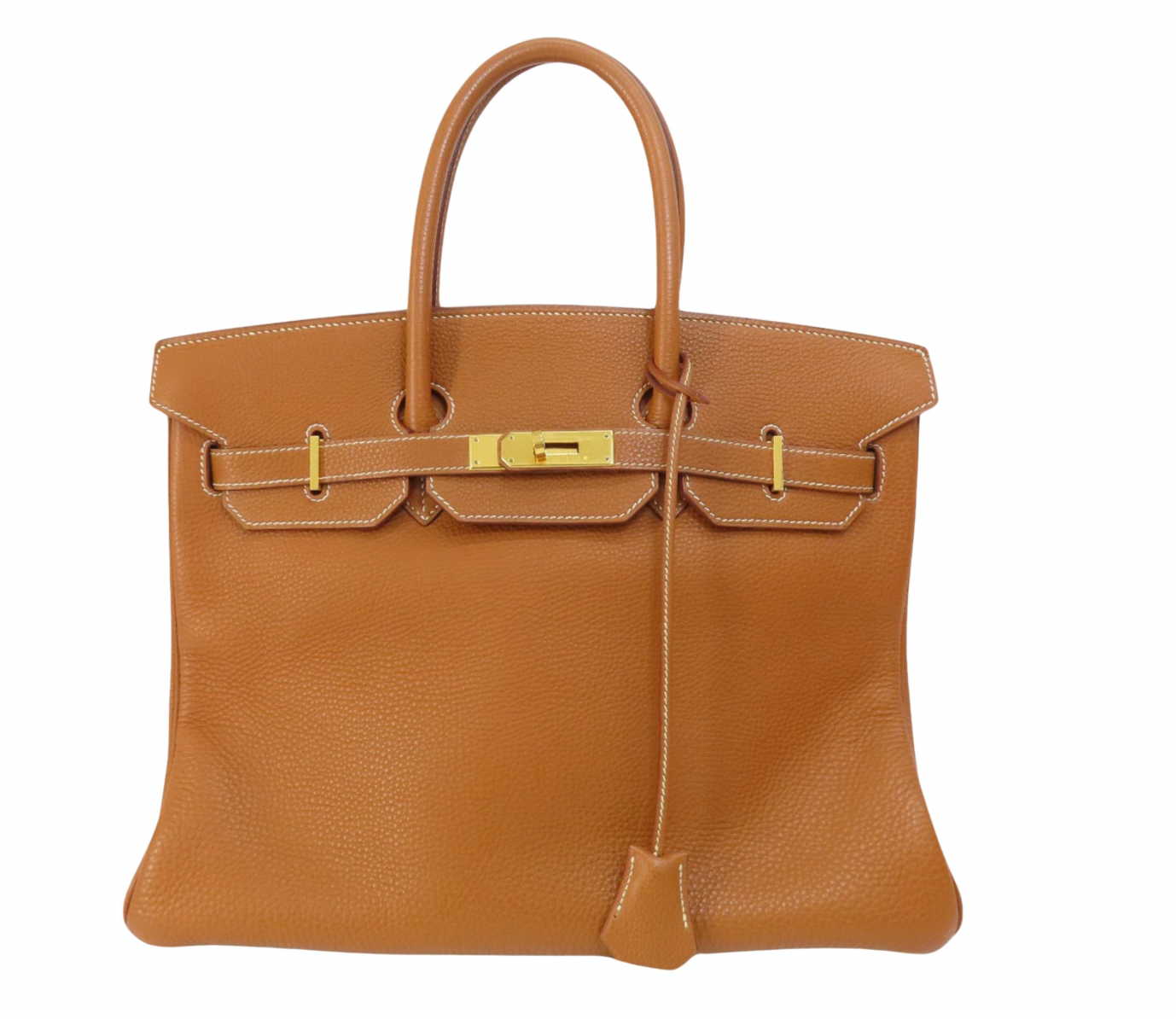 Pre-owned Hermes Birkin 35 handbag is made from Fauve Barenia Faubourg Togo leather with contrasting stitching and gold hardware