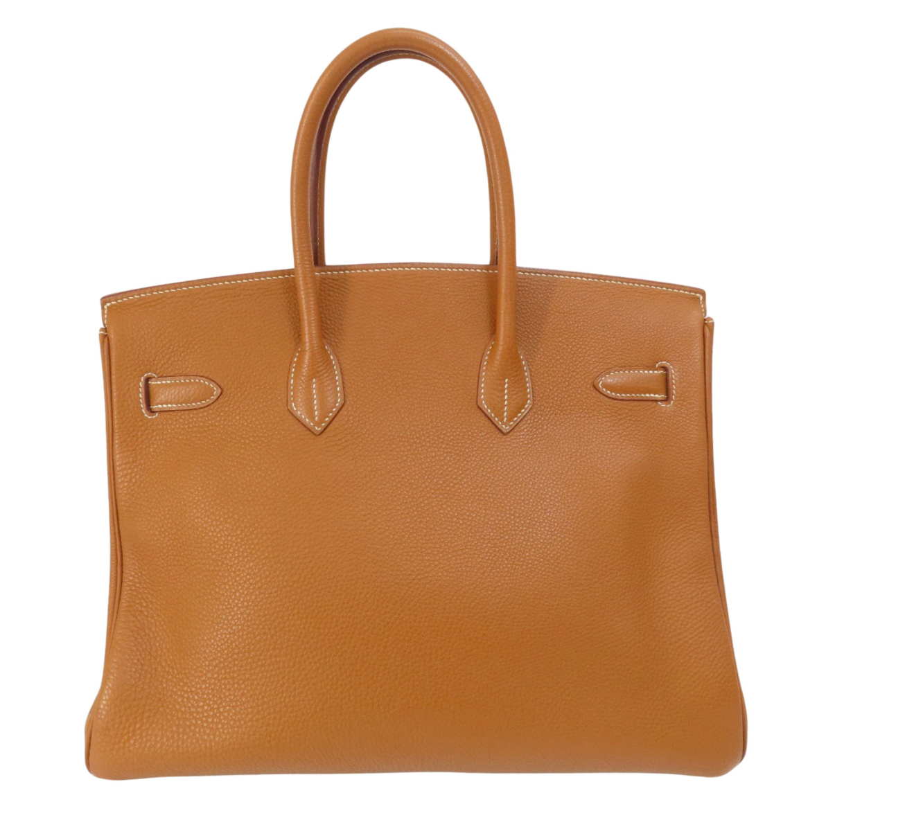 Pre-owned Hermes Birkin 35 handbag is made from Fauve Barenia Faubourg Togo leather with contrasting stitching and gold hardware