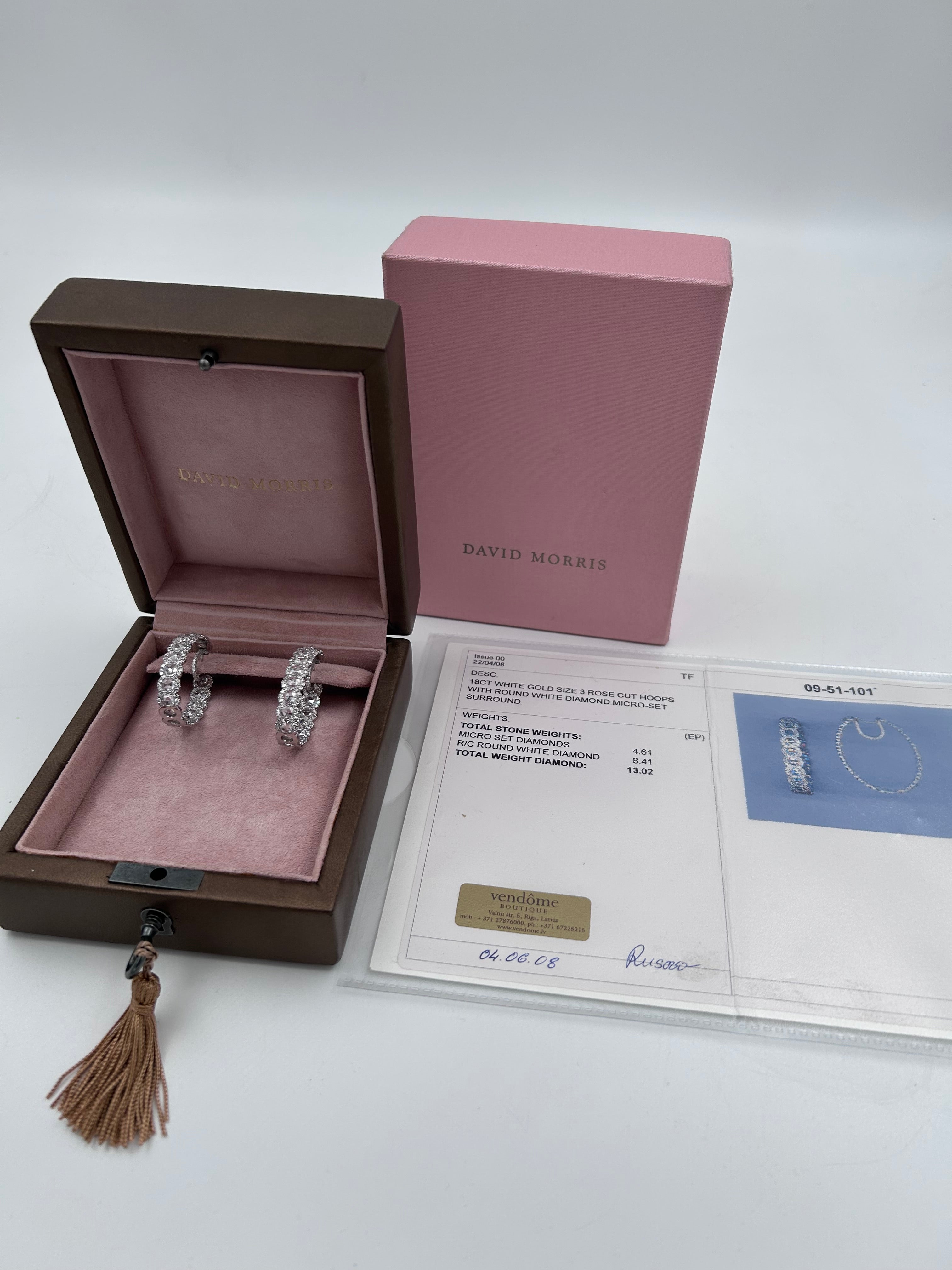 pre-owned 18k white gold David Morris 13.02 ctw rose cut diamond hoop "in-and-out" design earrings