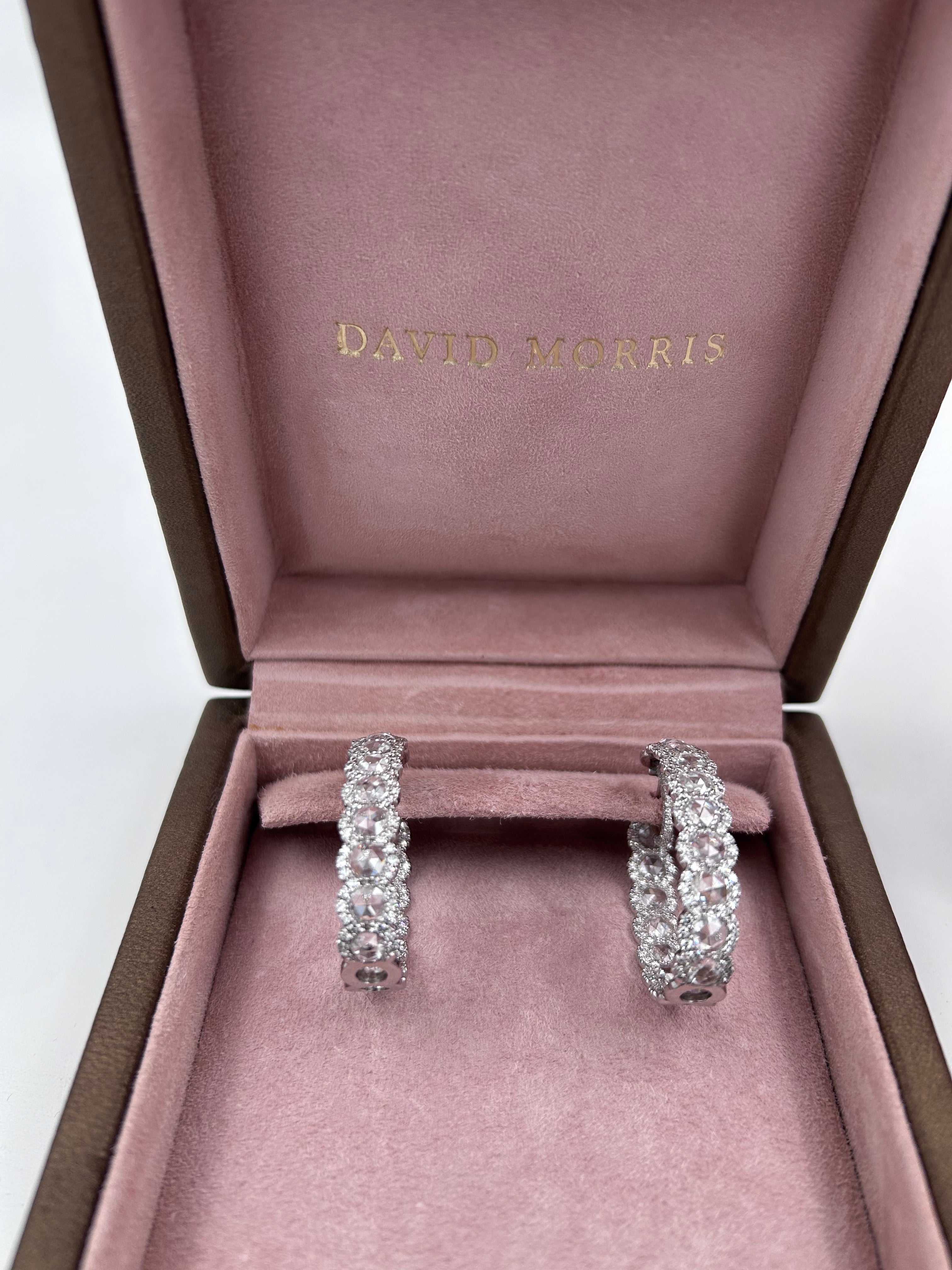 pre-owned 18k white gold David Morris 13.02 ctw rose cut diamond hoop "in-and-out" design earrings