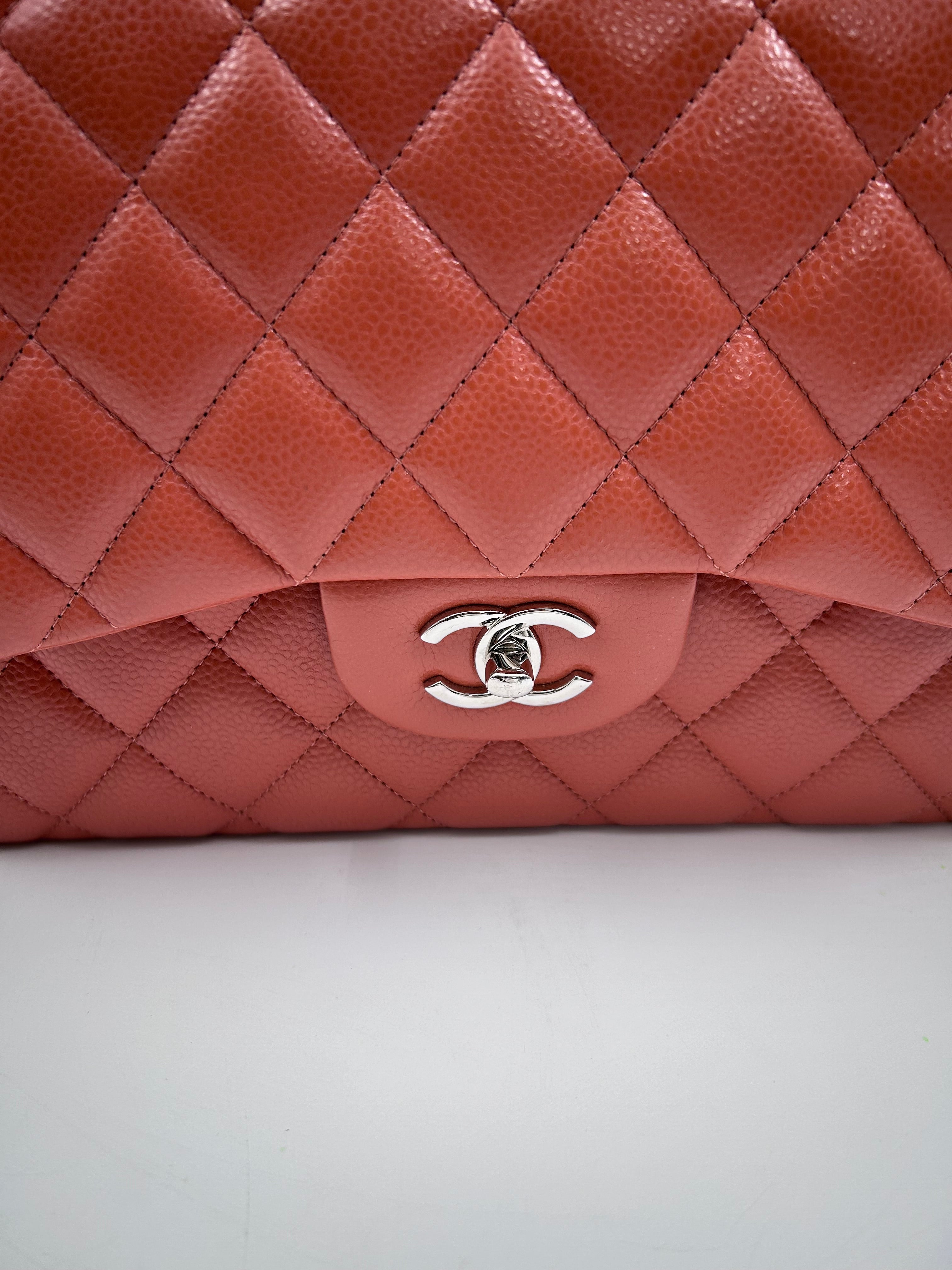 Pre-owned Chanel Jumbo Classic double flap Bag in Caramel Caviar leather with silver Hardwarer
