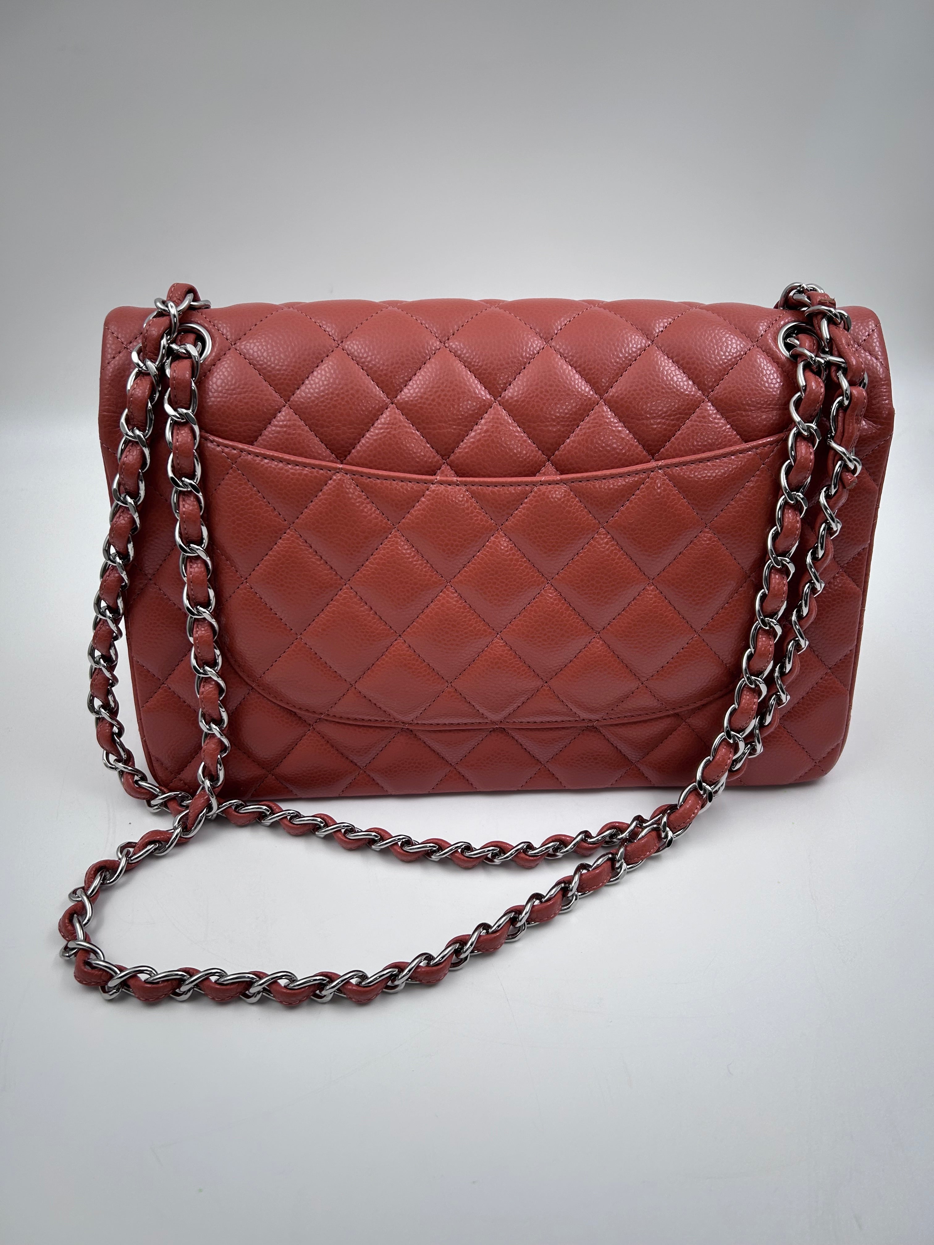 Pre-owned Chanel Jumbo Classic double flap Bag in Caramel Caviar leather with silver Hardwarer