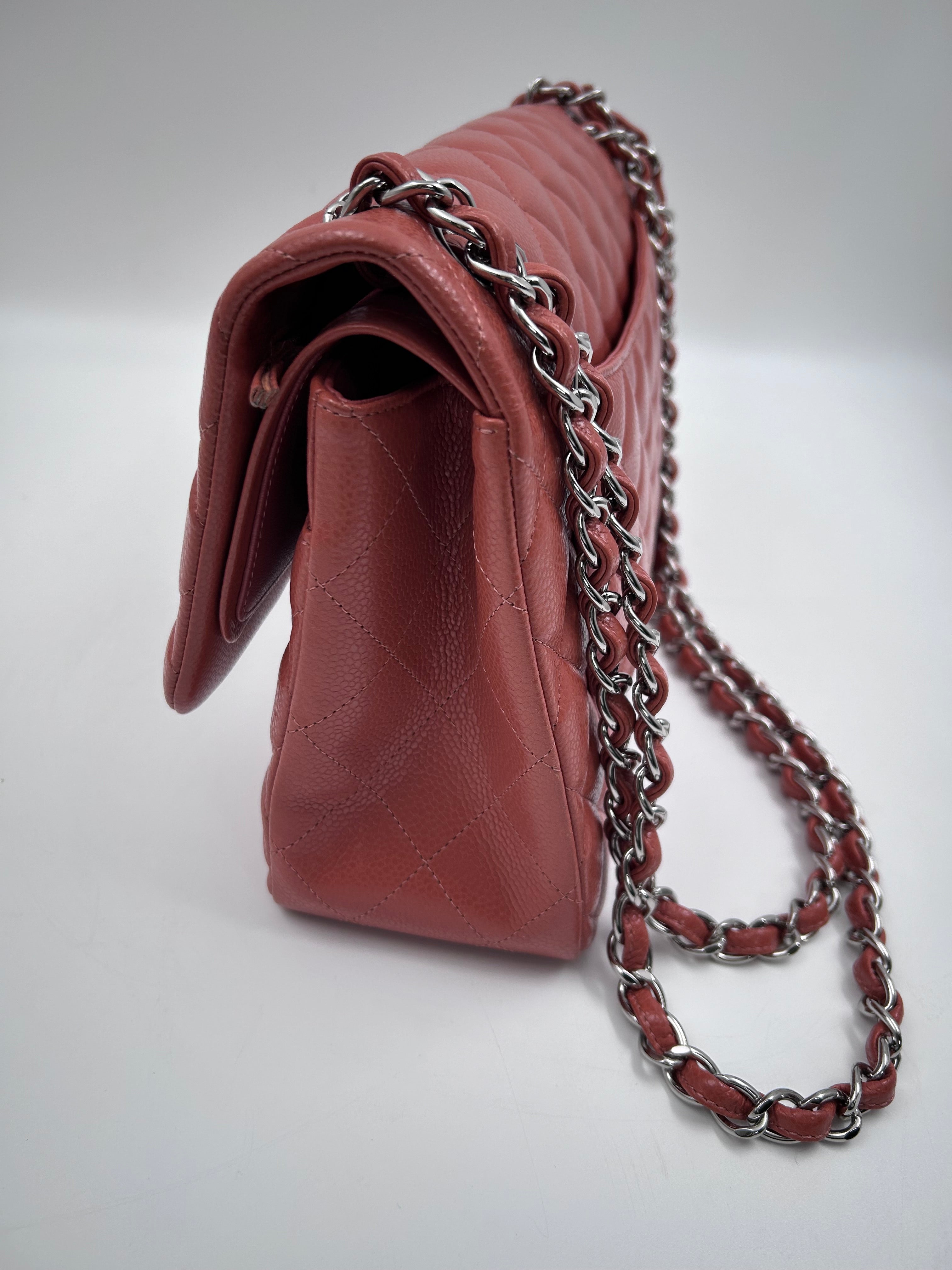 Pre-owned Chanel Jumbo Classic double flap Bag in Caramel Caviar leather with silver Hardwarer