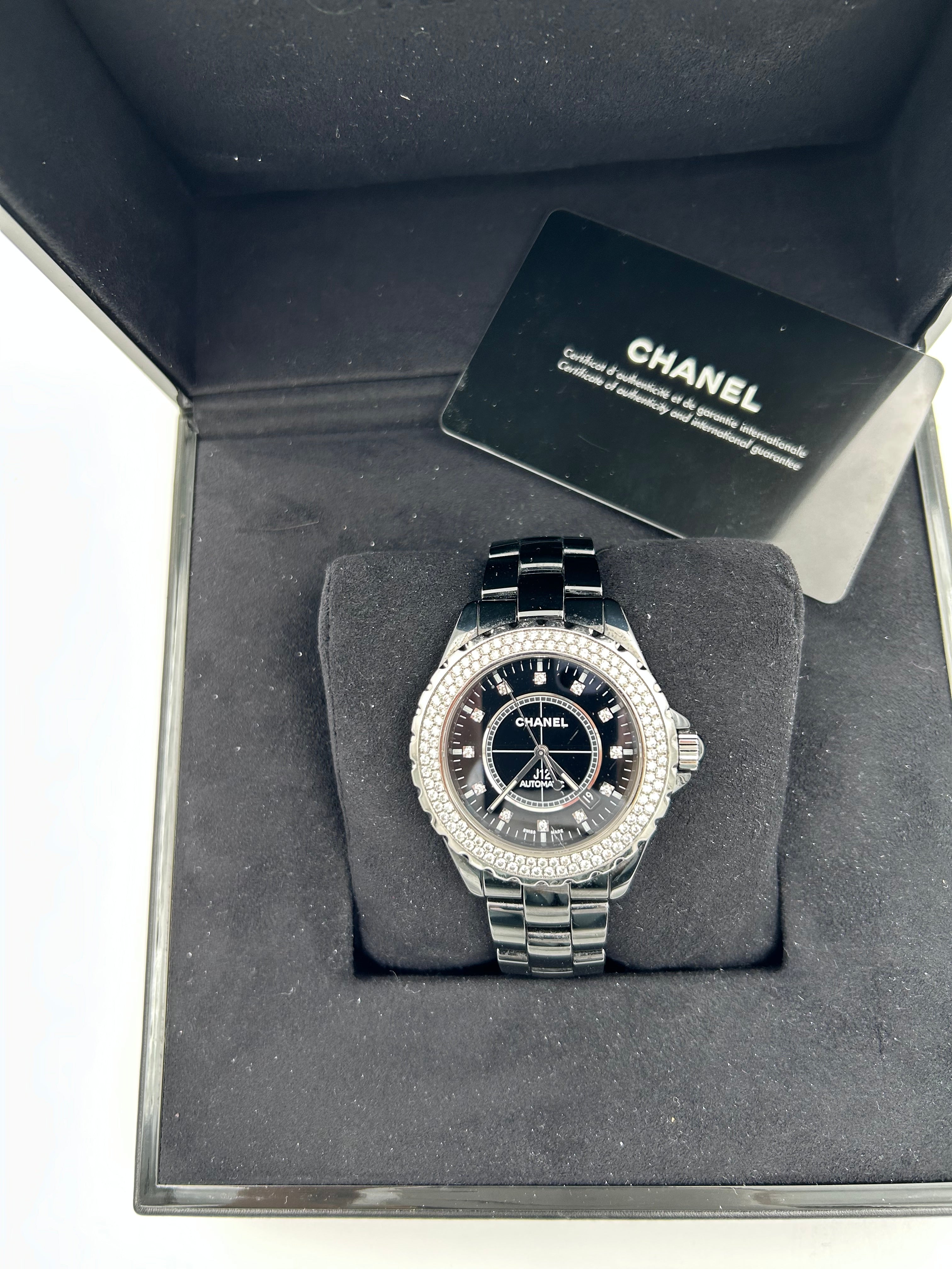 Pre-owned Full set Chanel J12 Automatic ceramic watch with diamond bezel