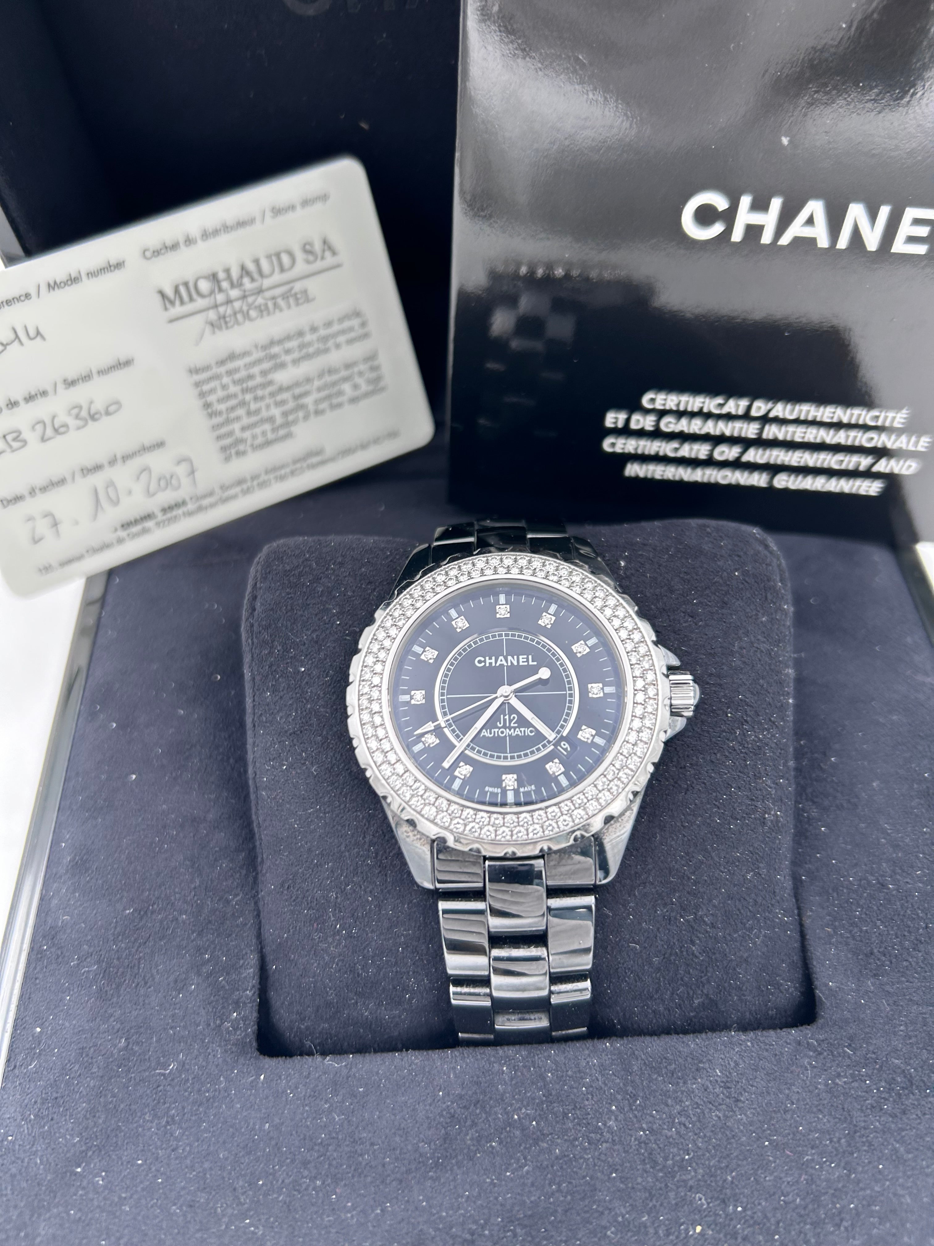 Pre-owned Full set Chanel J12 Automatic ceramic watch with diamond bezel