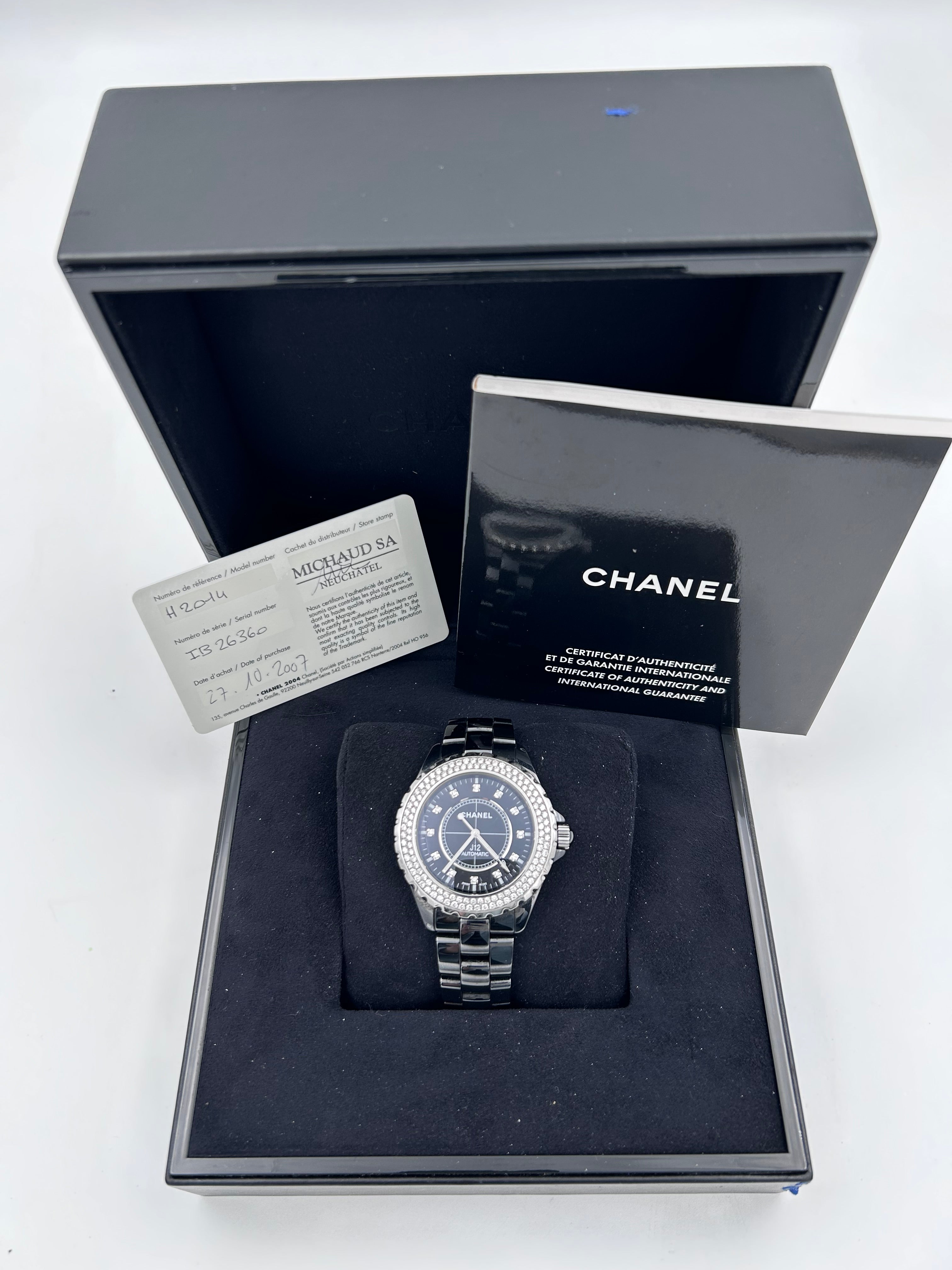 Pre-owned Full set Chanel J12 Automatic ceramic watch with diamond bezel
