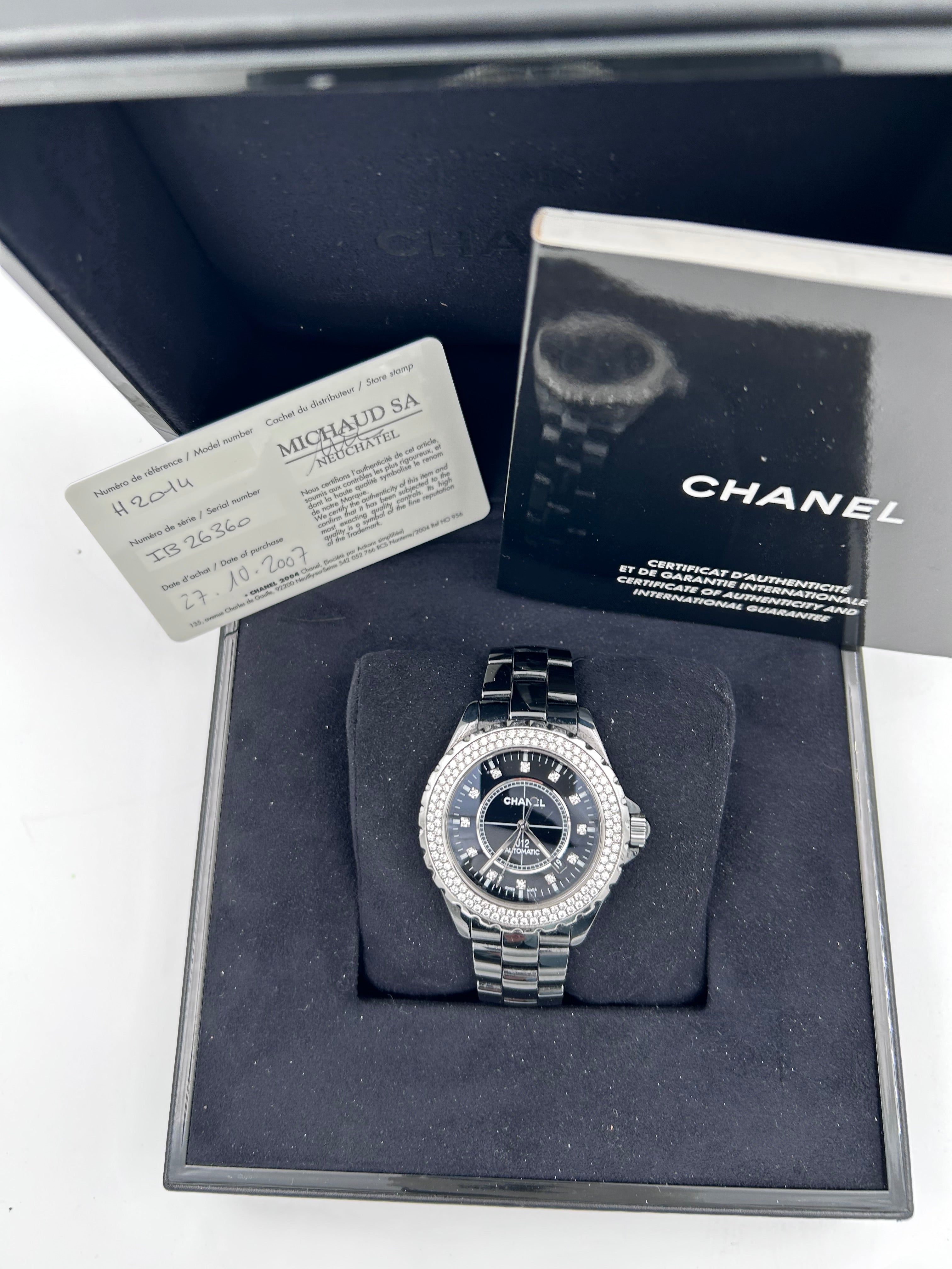 Pre-owned Full set Chanel J12 Automatic ceramic watch with diamond bezel