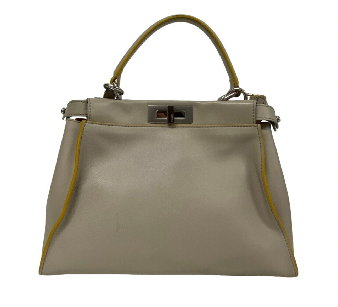 Pre-owned medium sized Peekaboo Fendi handbag, made of light gray leather and yellow trim