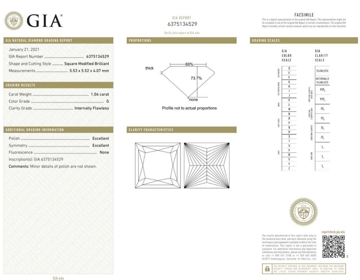 Diamante de claridad IF de talla princesa de color G de 1,06 quilates