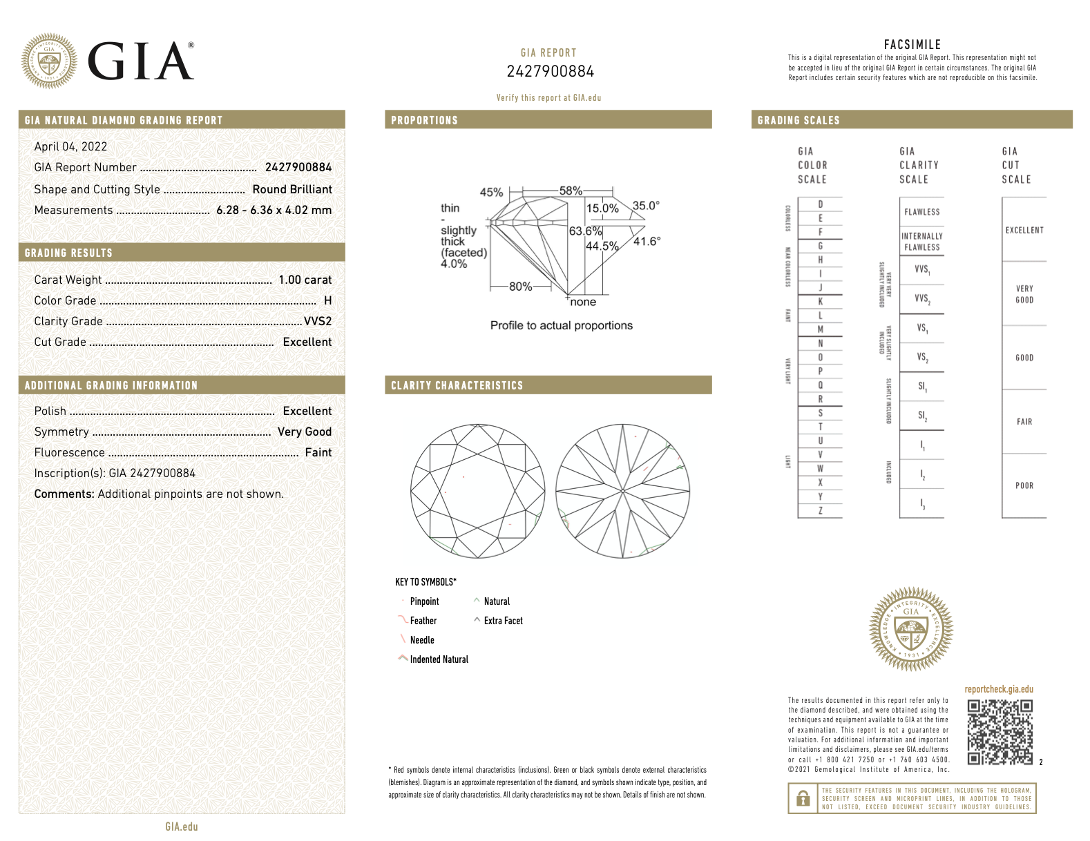 Diamante suelto redondo de talla brillante de claridad VVS2 de 1,00 quilates con certificación GIA de color H