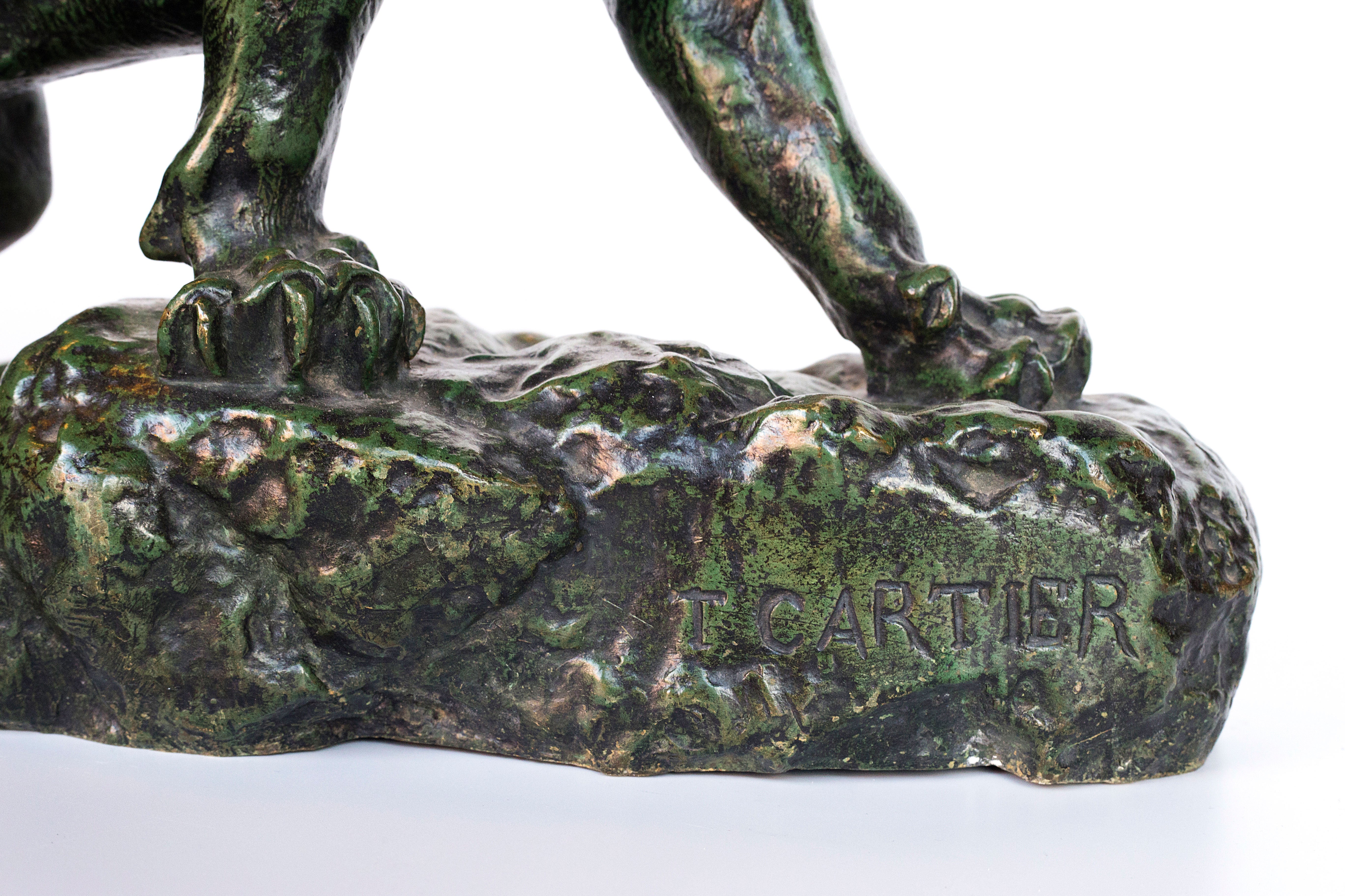 A 19th century Bronze sculpture with green patina Roaring panther by Thomas Francois Cartier