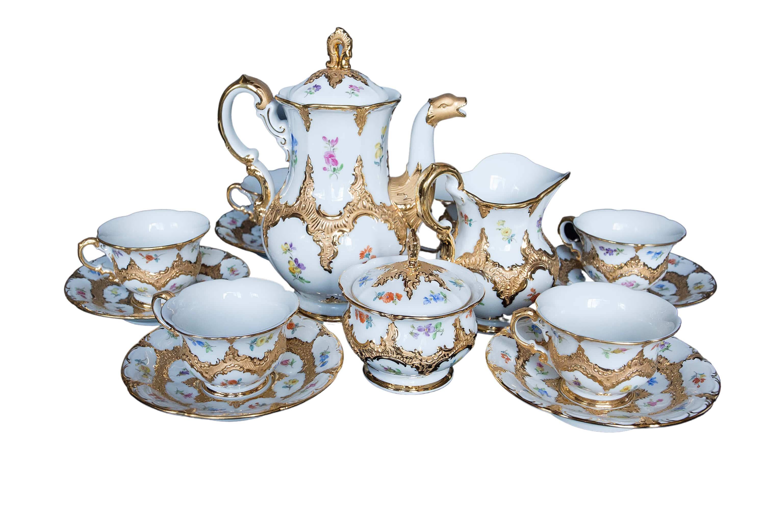 Antiguo neobarroco "Royal B&X Englisch" de la fábrica de Meissen juego de té de porcelana pintado a mano