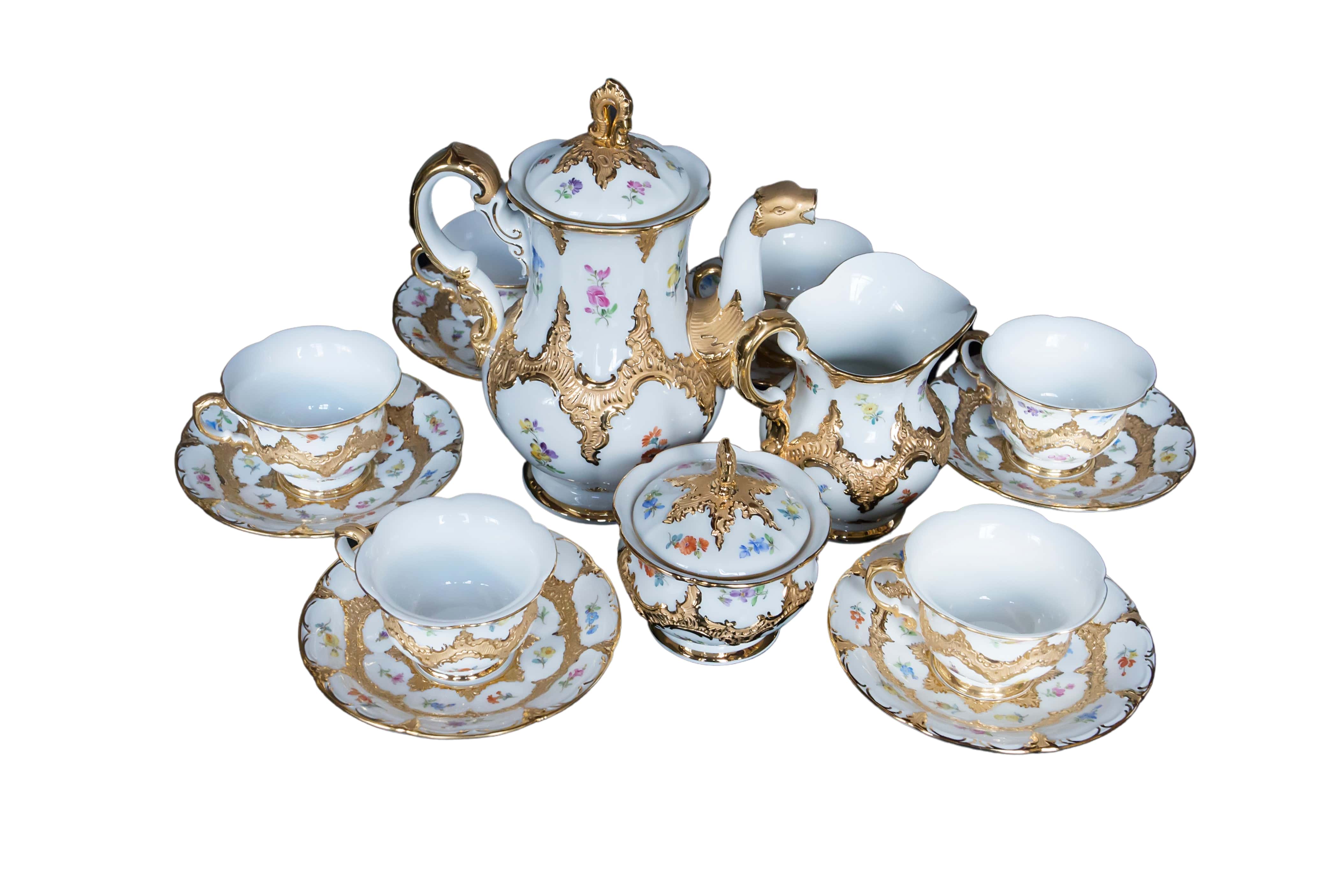 Antiguo neobarroco "Royal B&X Englisch" de la fábrica de Meissen juego de té de porcelana pintado a mano