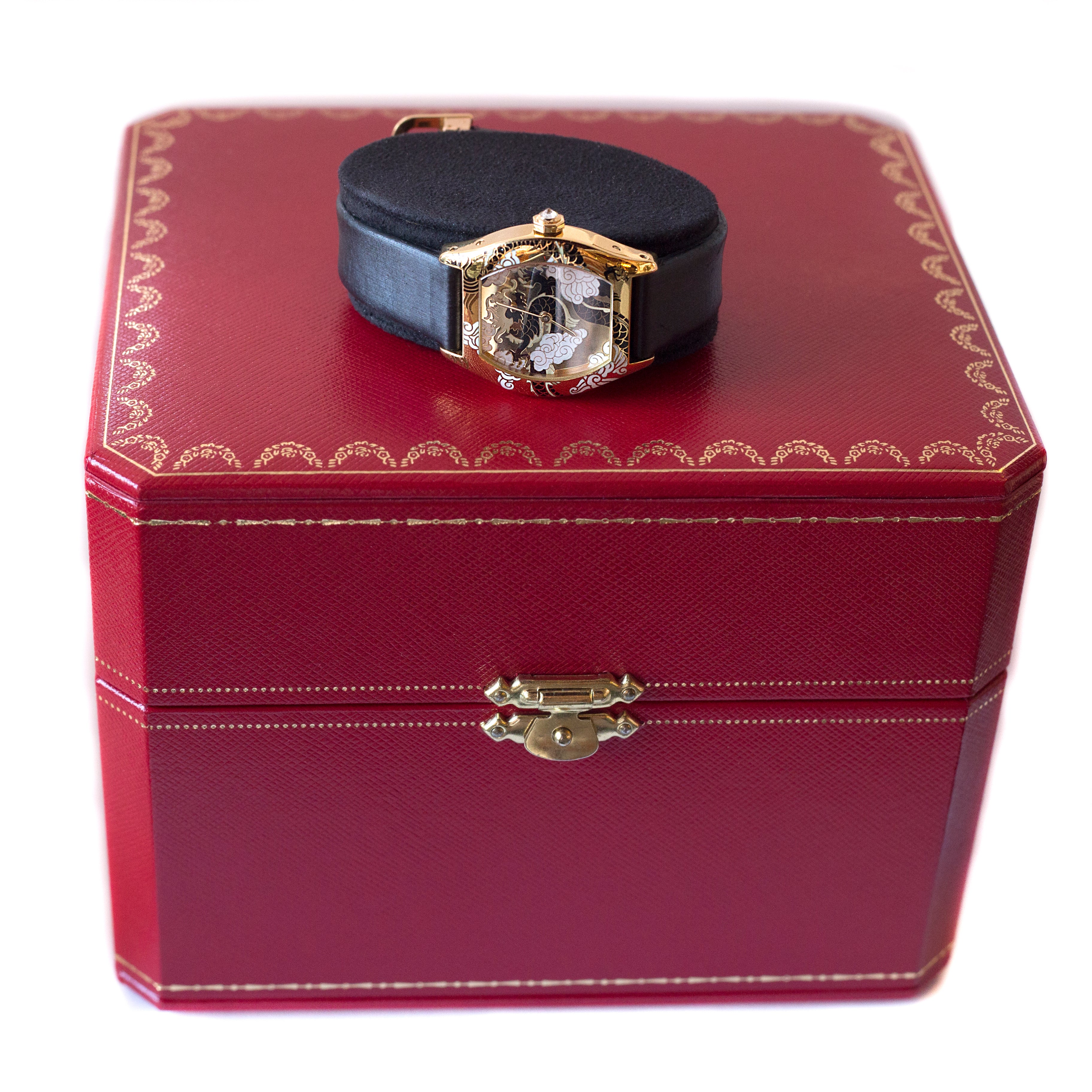 Cartier Tortue Petit Modelé limited edition yellow gold cloisonné enamel wristwatch with dragon motif