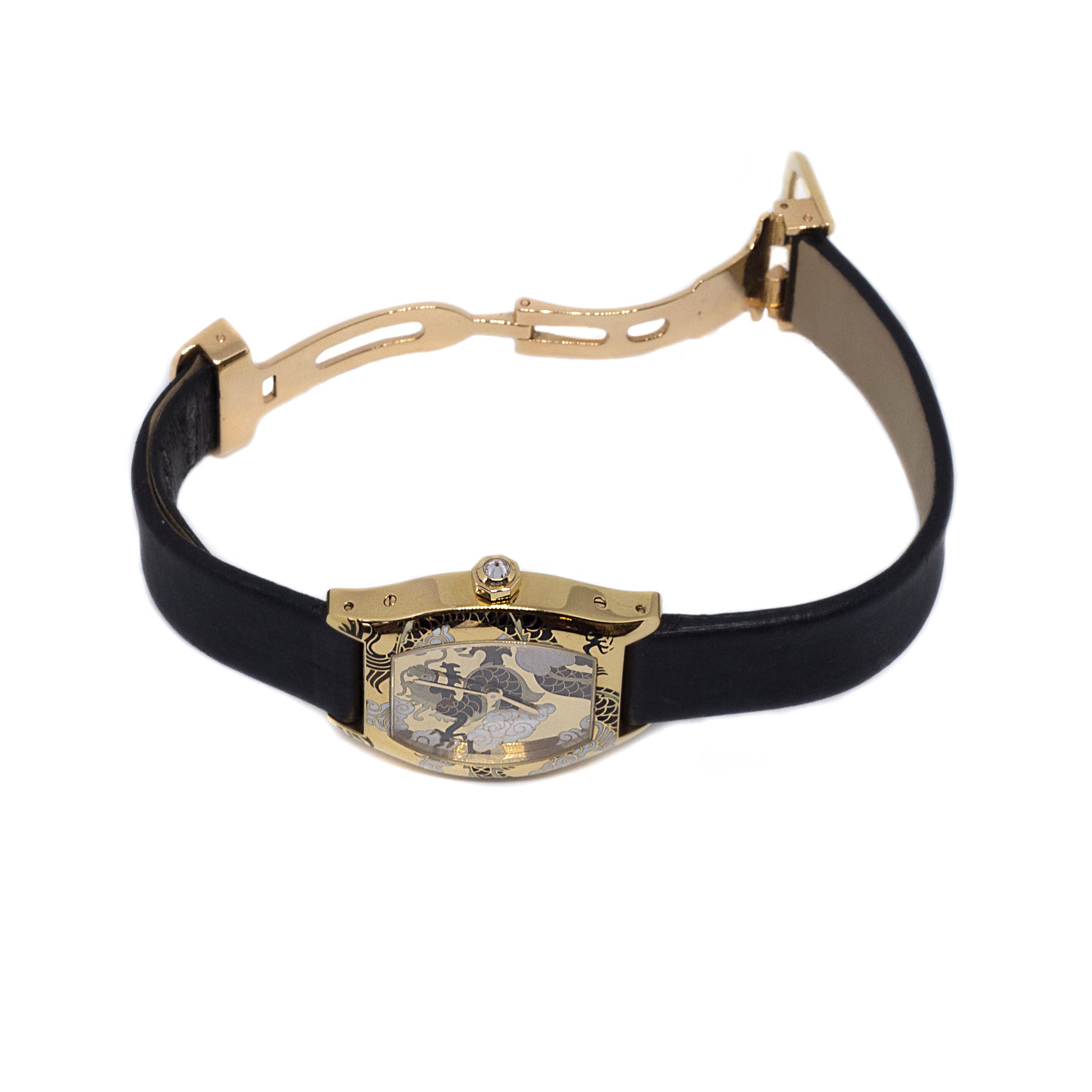 Cartier Tortue Petit Modelé limited edition yellow gold cloisonné enamel wristwatch with dragon motif