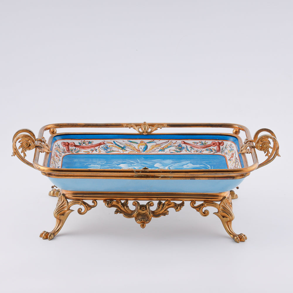 Eclectic 20th century colorful faience fruit tray set in a gold-plated brass setting