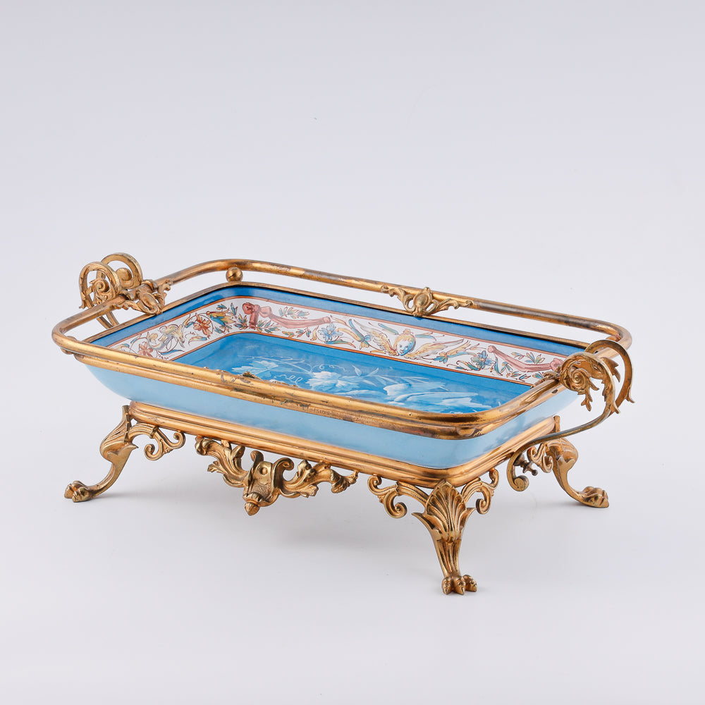 Eclectic 20th century colorful faience fruit tray set in a gold-plated brass setting