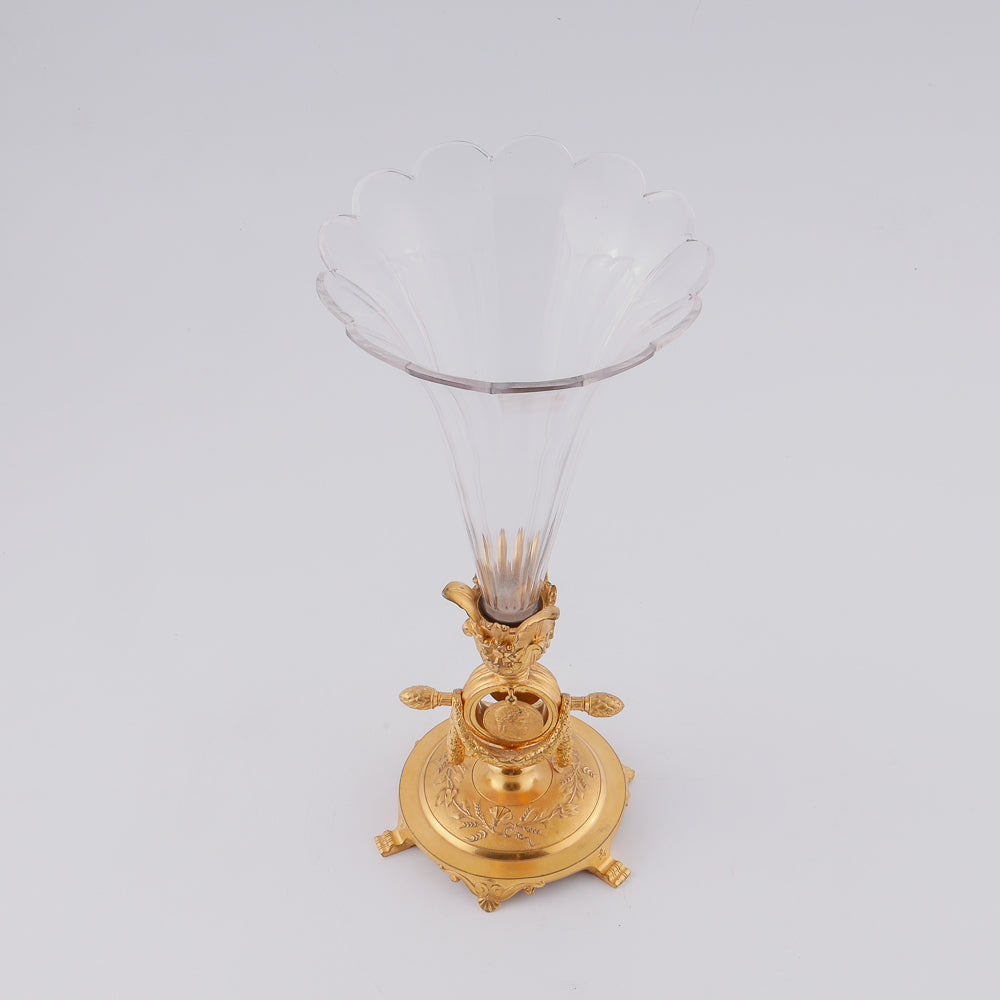 A 19th century crystal vase features two flower-shaped elements elegantly mounted on a giraldical gold-plated bronze plinth