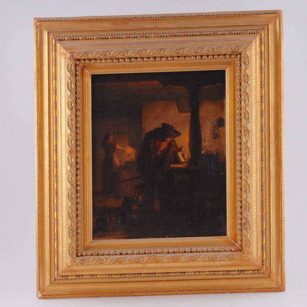 Antique Dutch genre painting captures a candid moment of a man drinking