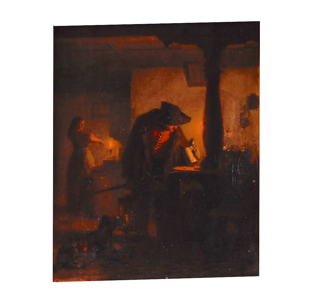 Antique Dutch genre painting captures a candid moment of a man drinking