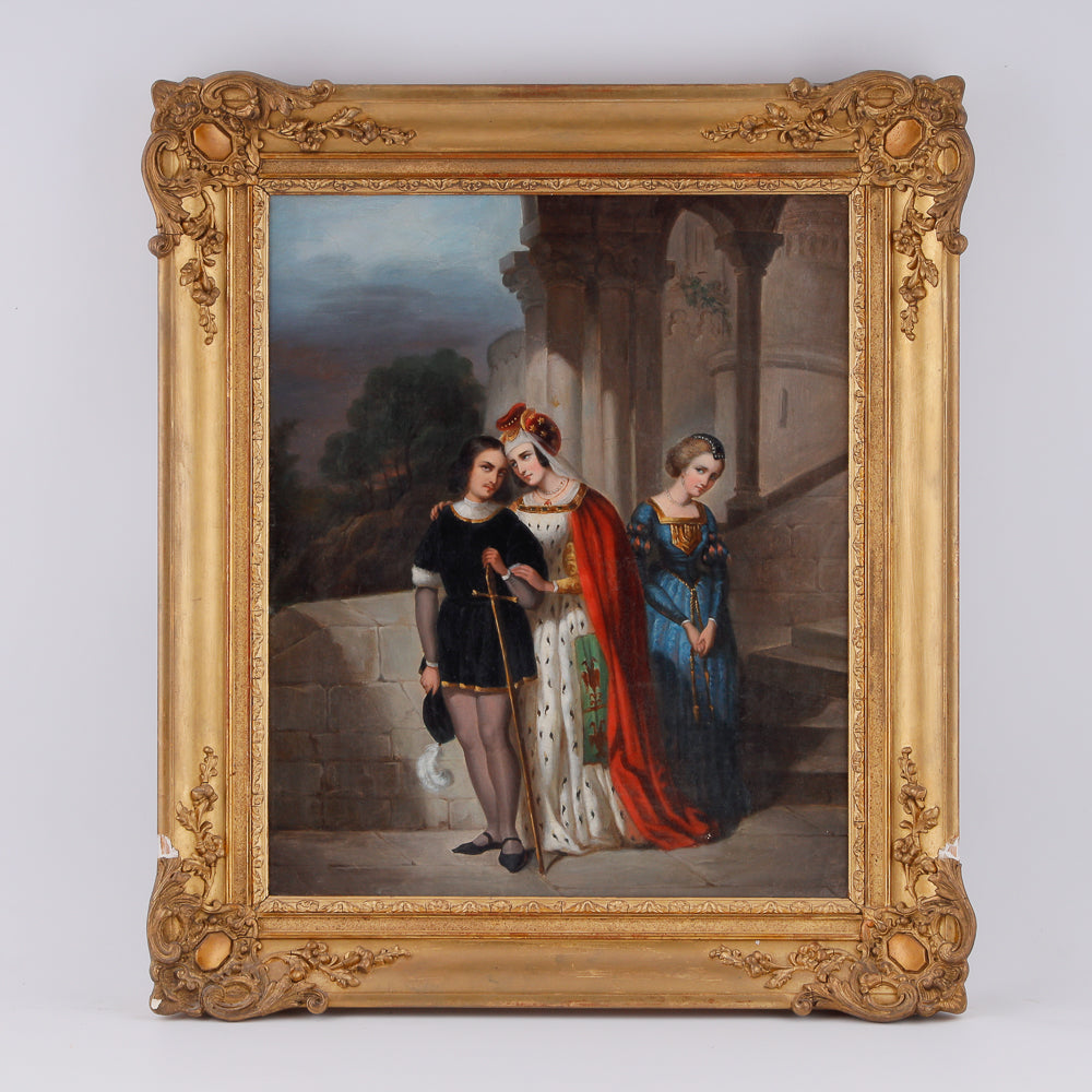 Antique oil on canvas painting showcasing the fascinating triangular relationship