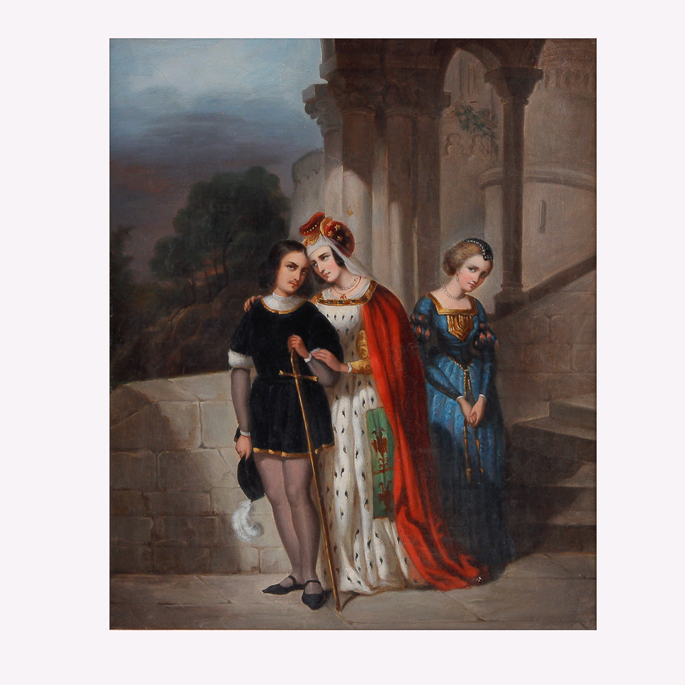 Antique oil on canvas painting showcasing the fascinating triangular relationship