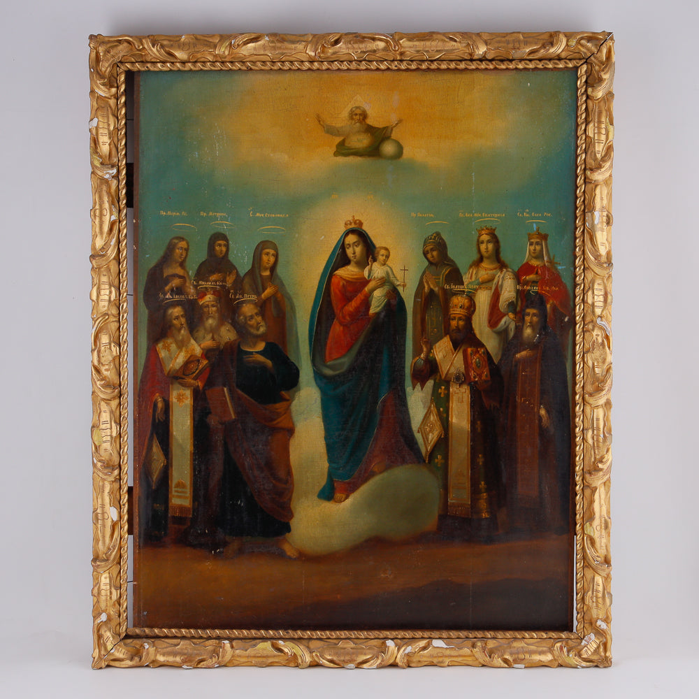 Antique large painted icon features the Mother of God alongside chosen Saints