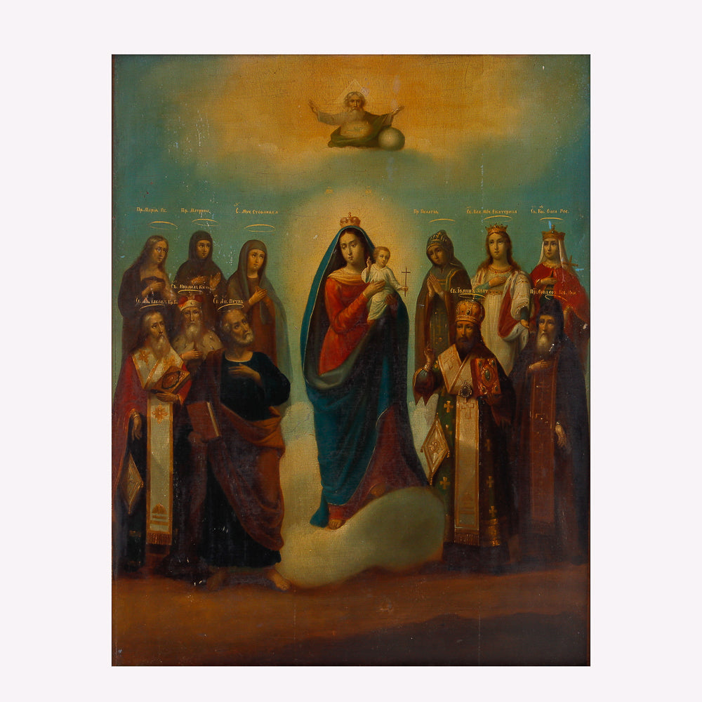 Antique large painted icon features the Mother of God alongside chosen Saints