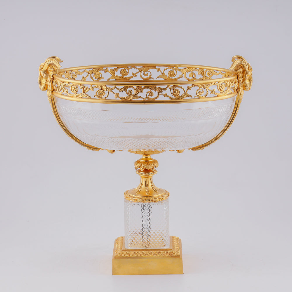 Antique crystal fruit vase featuring a finely crafted gilded bronze setting