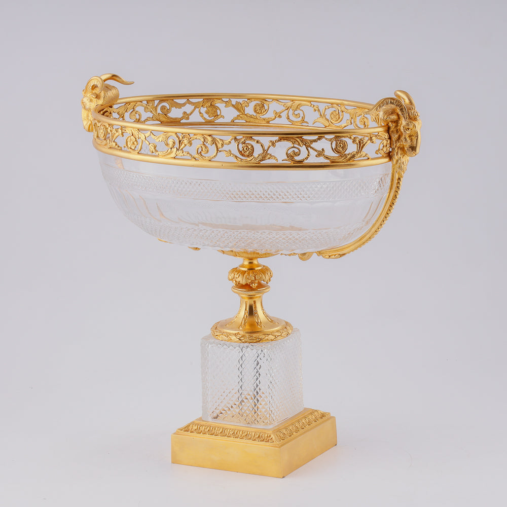 Antique crystal fruit vase featuring a finely crafted gilded bronze setting