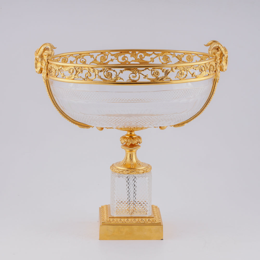 Antique crystal fruit vase featuring a finely crafted gilded bronze setting