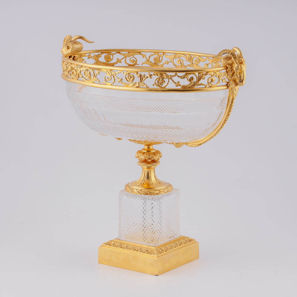 Antique crystal fruit vase featuring a finely crafted gilded bronze setting