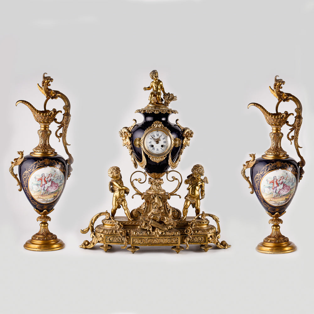 Large cobalt blue salon clock set with two vases