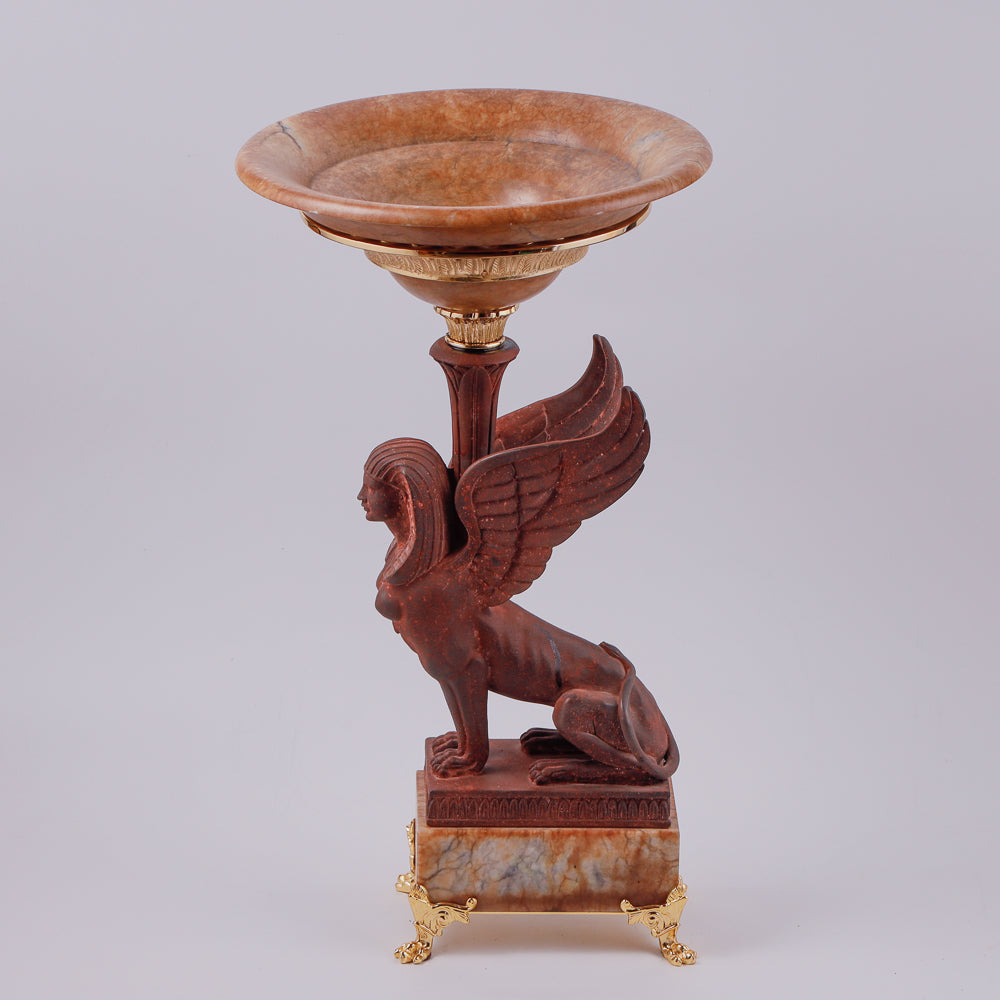 Large vintage marble vase features an exquisite iron cast sphinx