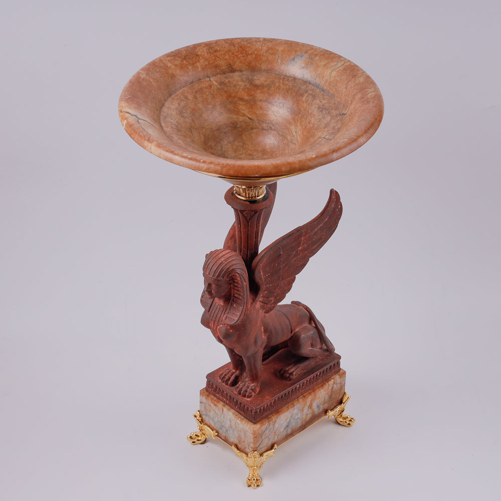 Large vintage marble vase features an exquisite iron cast sphinx